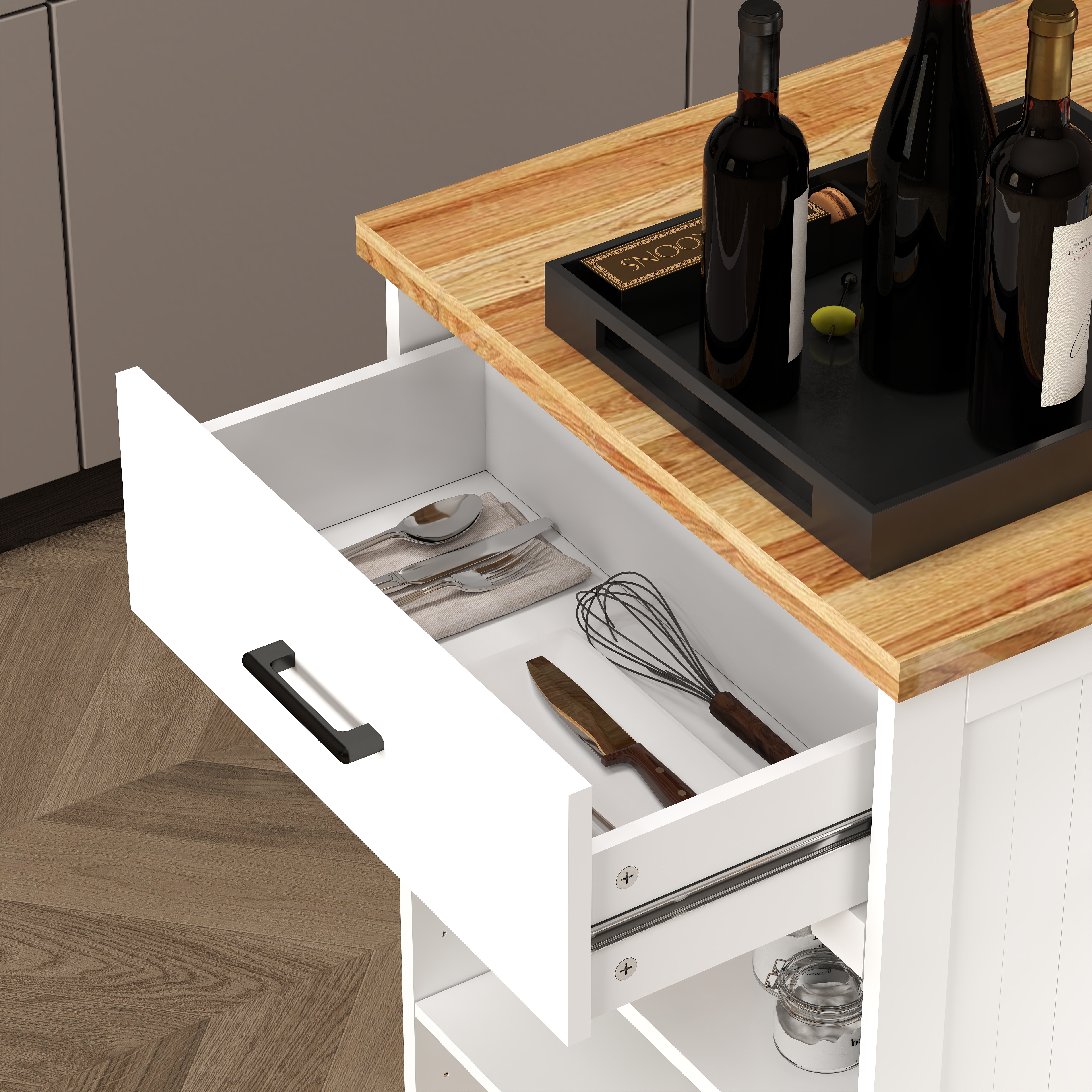 46.2'' Multi-Storage Kitchen Island with Rubber Wood Tabletop, Large Farmhouse Kitchen Cart with Adjustable Shelves and Drawers, Dinning Table Bar with Storage Cabinet for Kitchen 