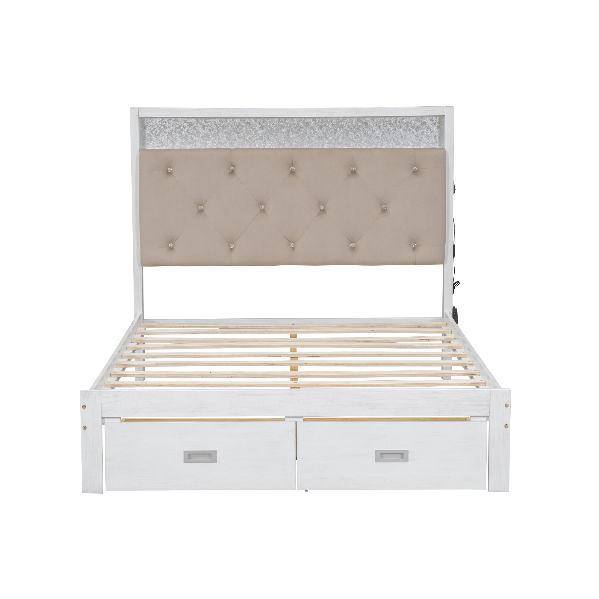 Wood Queen/Full Size Platform Bed with Upholstered Headboard and LED and 2 Drawers, Antique White 