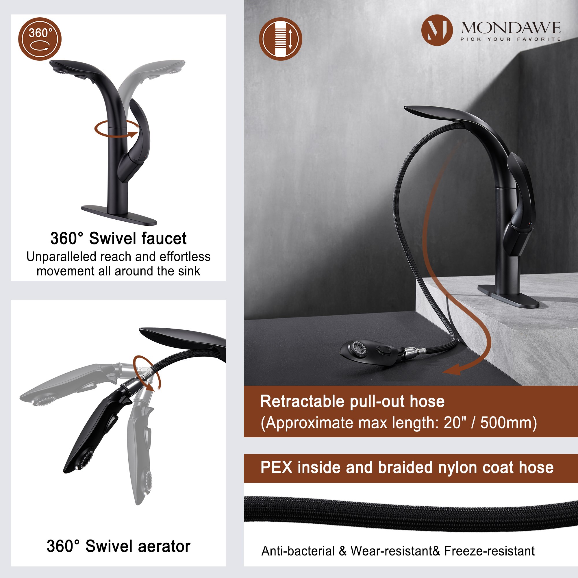 Mondawe 3-FunctionTulip High Arc Pull Down Single Handle Deck Mount Best Kitchen Faucets 2022-Mondawe