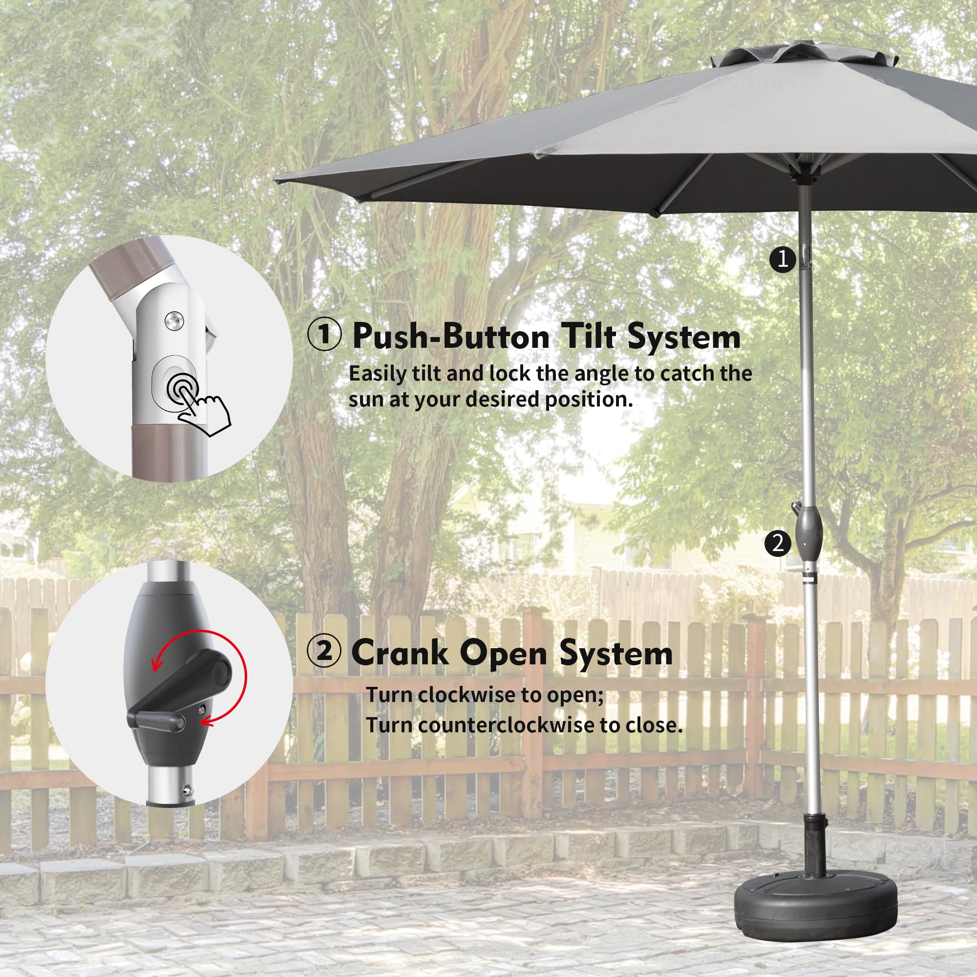 10FT Patio Umbrella, Outdoor Table Umbrella with Push Button Tilt and Crank, UV Protection Waterproof Market Sun Umbrella with 8 Sturdy Ribs for Garden, Deck, Backyard, Pool (Brick red /Navy Blue /Gray)