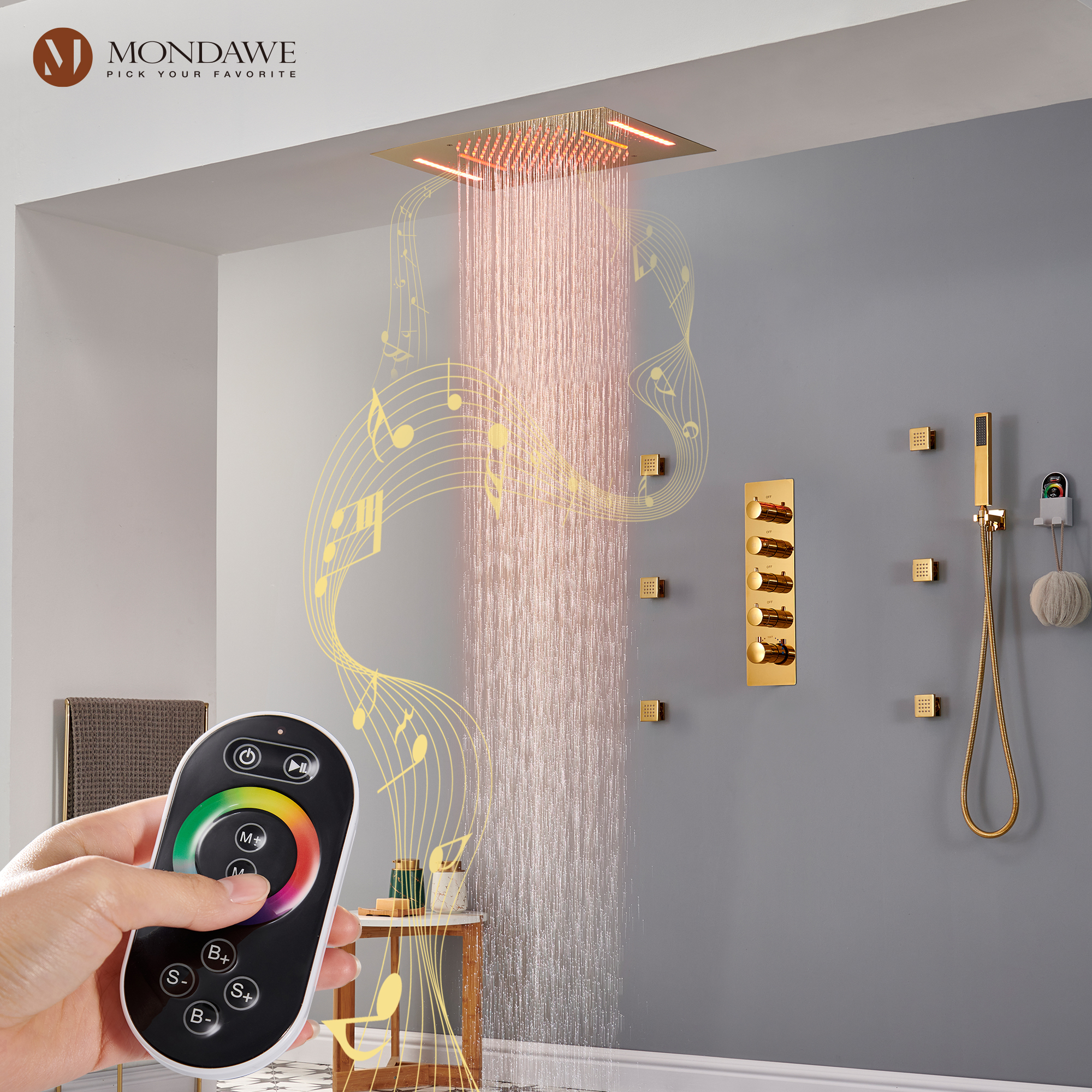 Mondawe Luxury 4-Way Thermostatic Shower System with LED and Music Player-Mondawe
