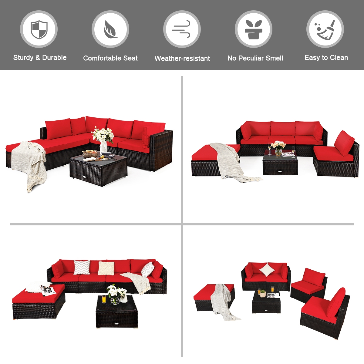 Mondawe 6 Pieces Outdoor Patio Rattan Furniture Set Sofa Ottoman-Red-Mondawe