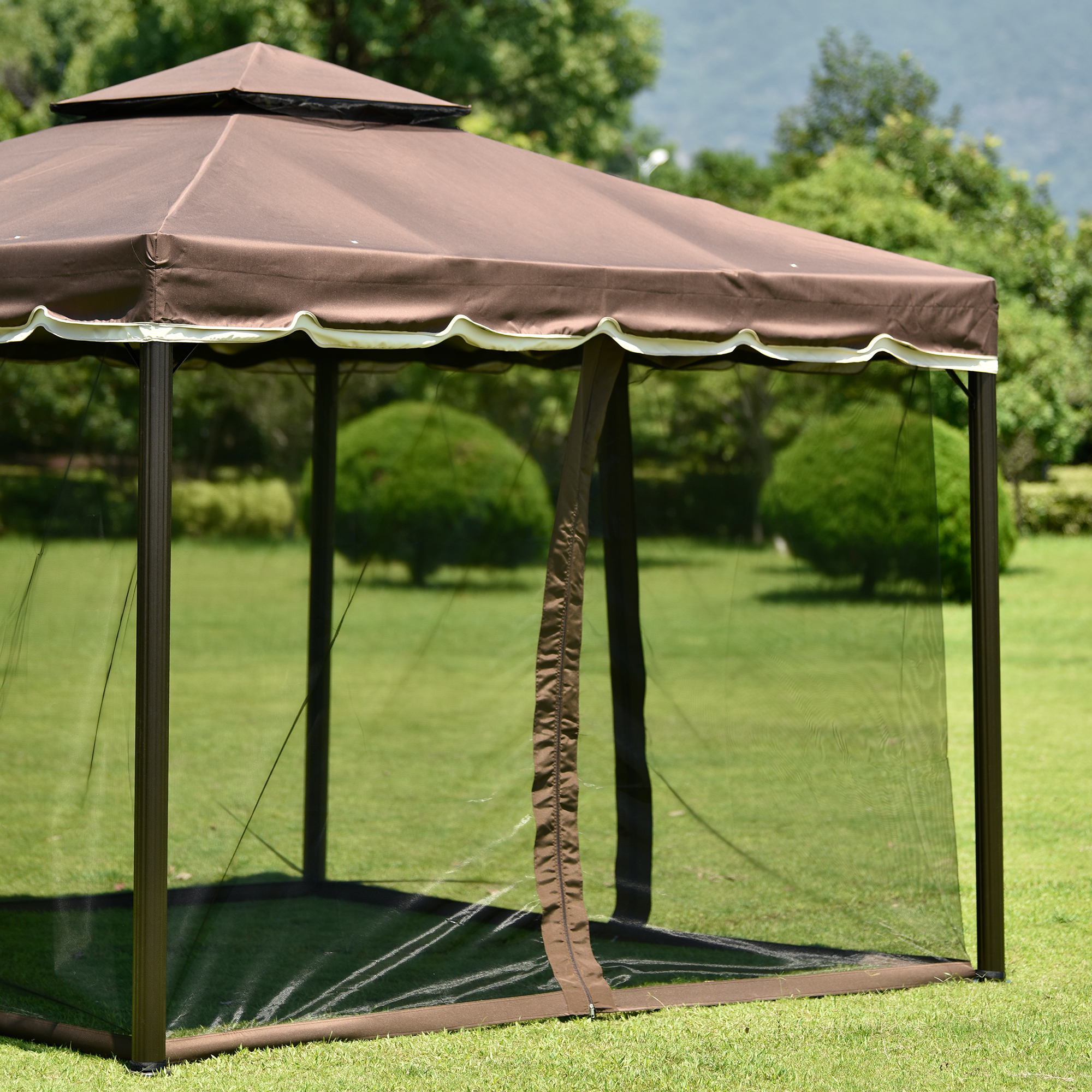Mondawe 9.8Ft. Wx9.8Ft.L Outdoor Iron Vented Dome Top Patio Gazebo with Netting for Backyard Poolside and Deck Brown-Mondawe