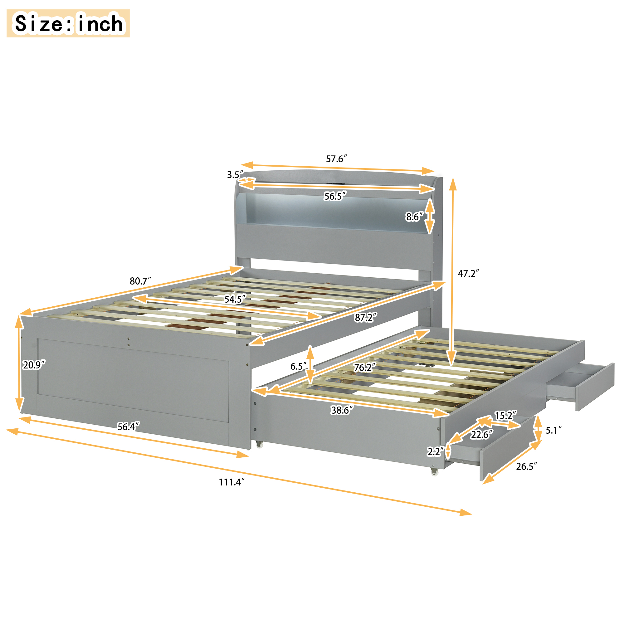 Full XL Size Platform Bed with Storage LED Headboard, Charging Station, Twin Size Trundle and 2 Drawers, Gray/Dark Brown