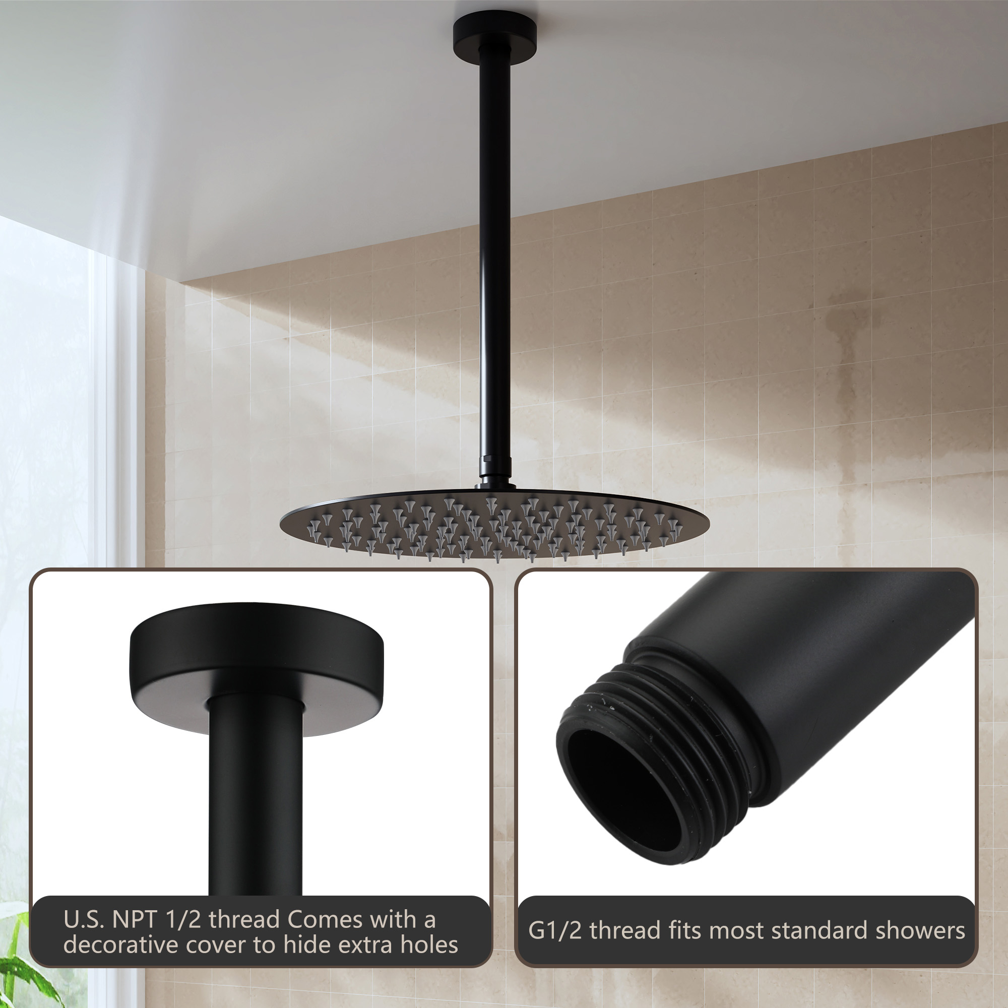 11.8" Stainless Steel Celling Mounted Round/Square Shower Arm with Flange for Rain Shower Head in Matte Black/Brushed Nickel