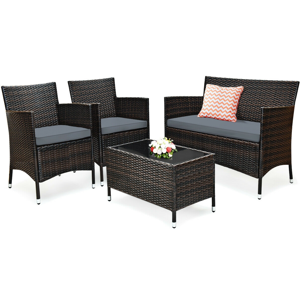 Mondawe 4 Pcs Rattan Outdoor Patio Conversation Furniture Set with Glass Table and Comfortable Wicker Sectional Sofa-Mondawe