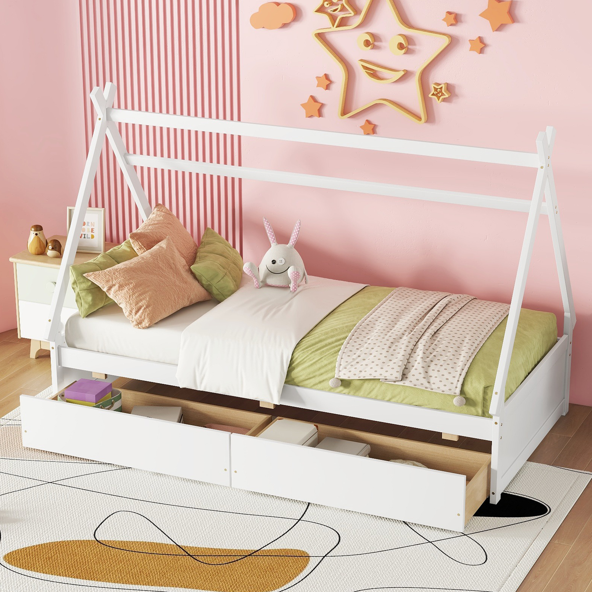 Twin Size House Platform Bed with Two Drawers,Headboard and Footboard, White/Pink 