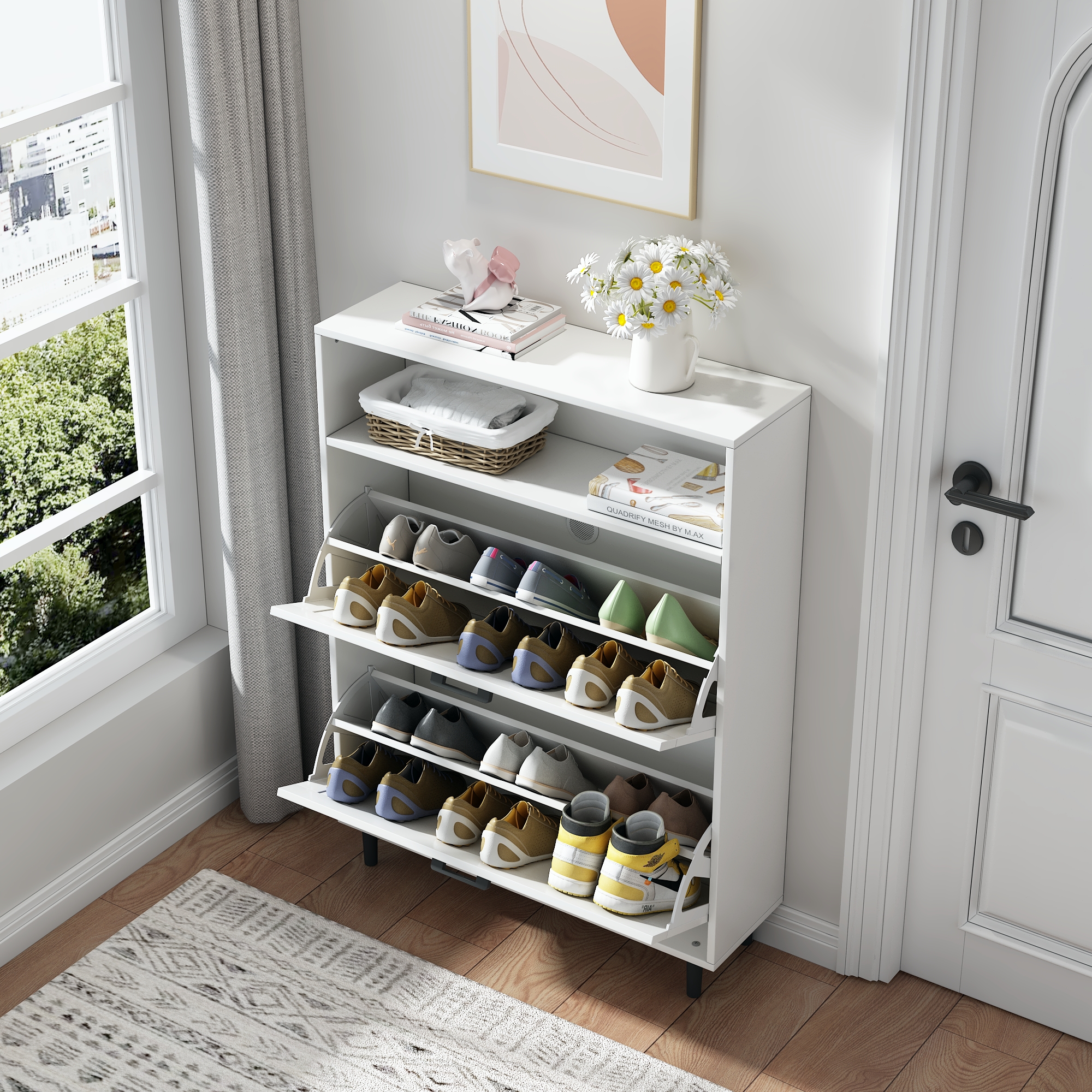 Farmhouse Shoe Storage Cabinet with Barn Door Design, Shoe Organizer with 2 Flip Drawers, Freestanding Narrow Shoe Rack Cabinet with Open Storage for Entryway,Foyer,Hallway,(Antique White/Natural Wood) 