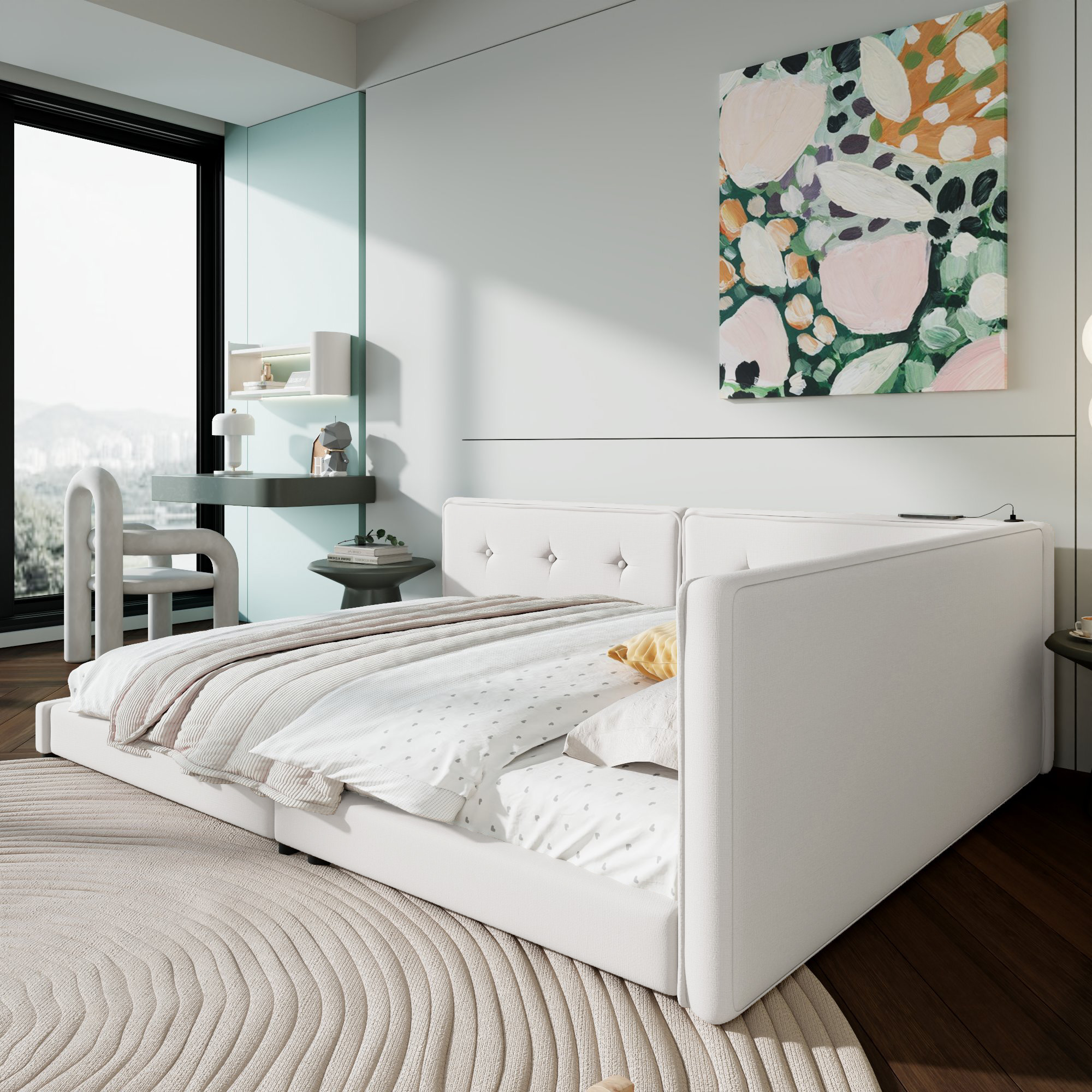 Upholstered Full/Queen Size platform bed with USB Ports, Beige 