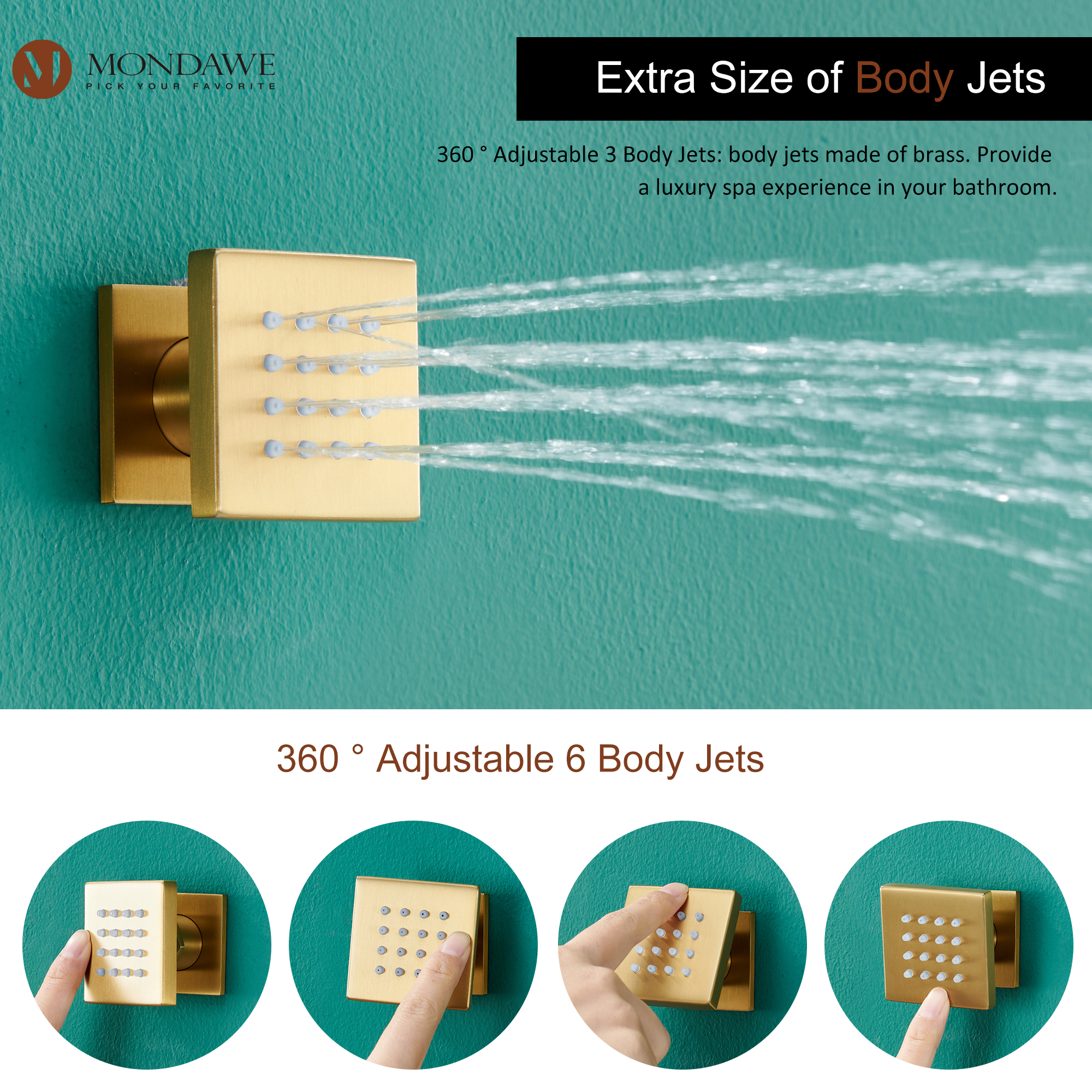 Mondawe Luxury Wall Mount Rain Shower Head with 6 Shower Jet and LED 3-Spray Patterns Thermostatic 12 in. -Mondawe