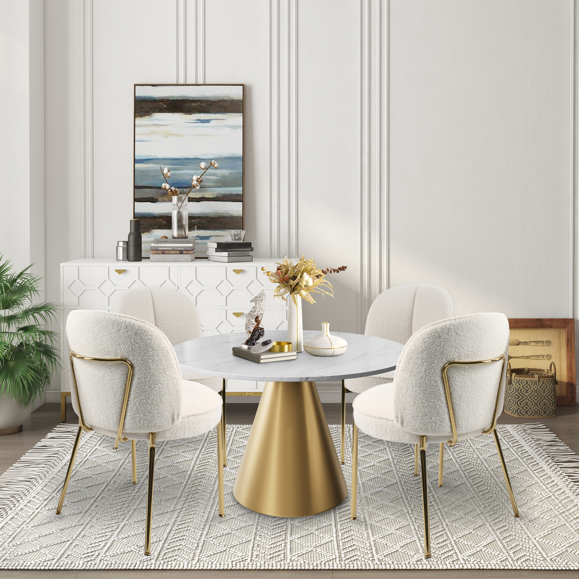 Teddy Fabric Dinning Chair in Greamy White/Brown/Army Green/Black with Adjustable Foot Nails (Set of 2)