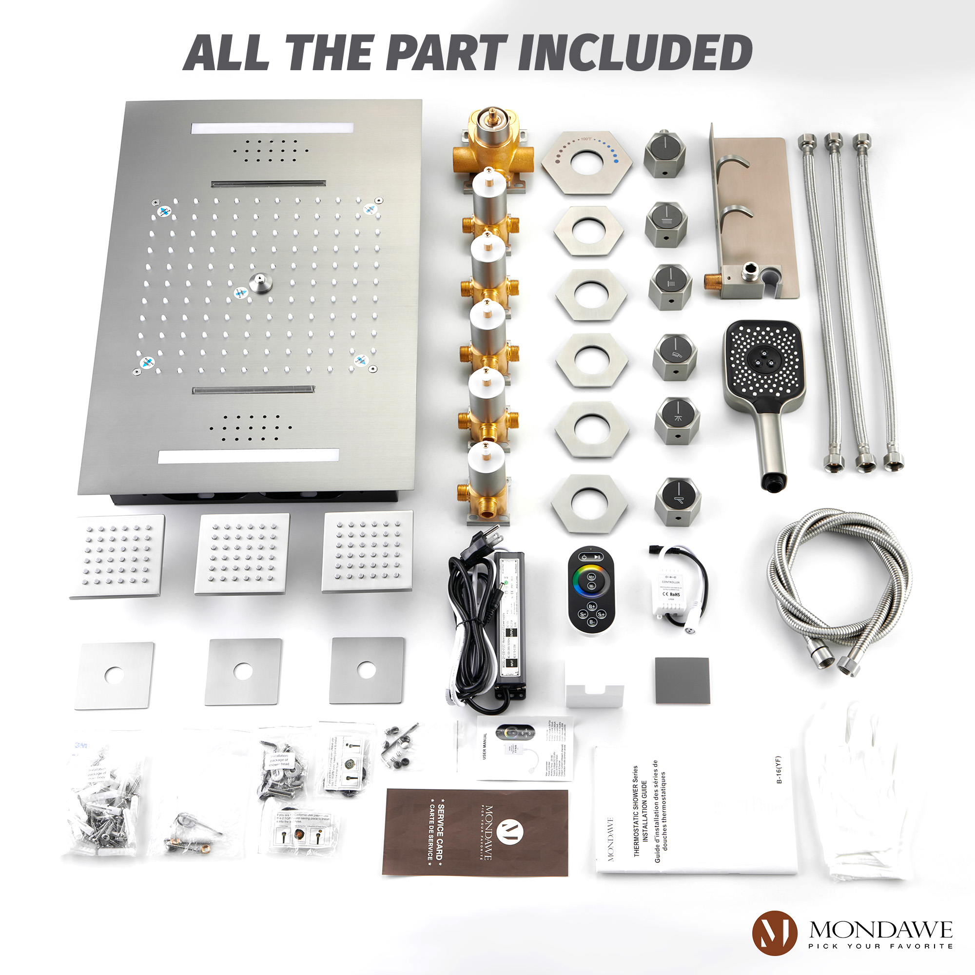 Flush-Mounted Thermostatic 3 Functions Luxury Complete Shower System with Body Jets and Shower Holder