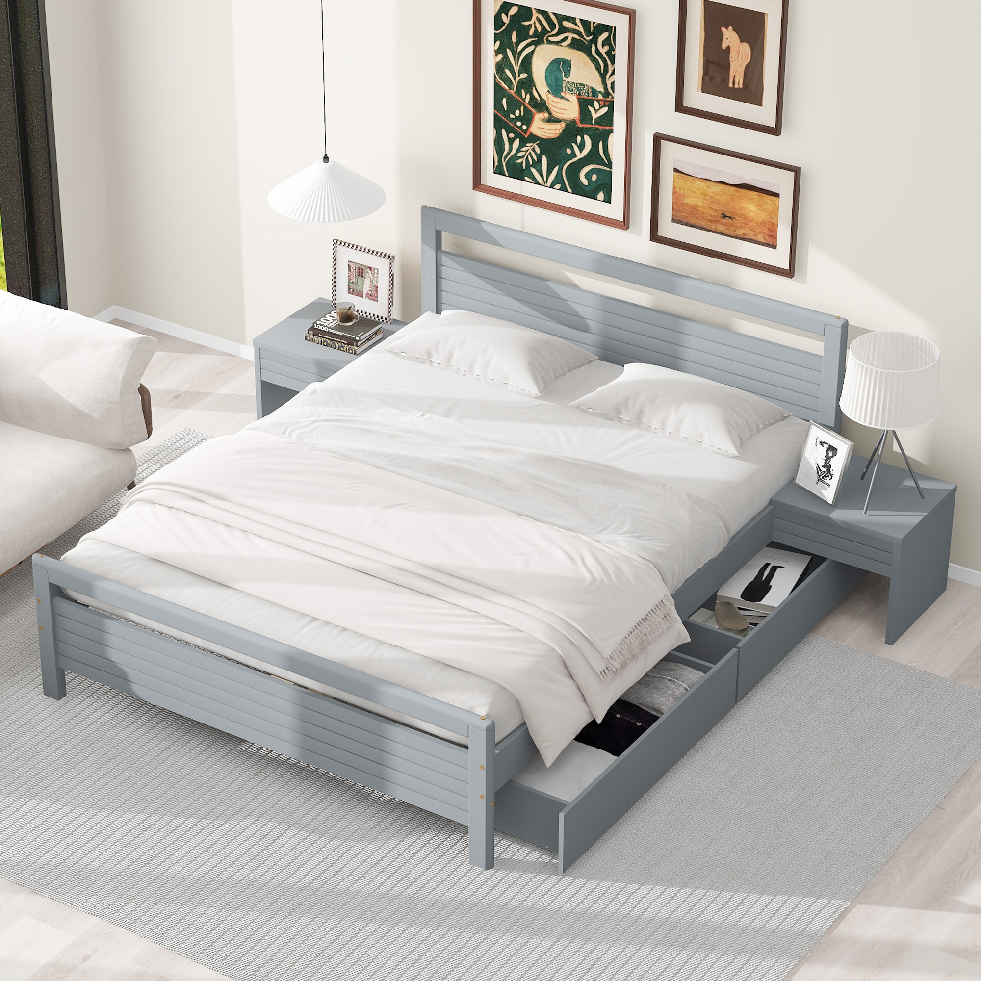 Queen Size Wooden Platform Bed with 2 Storage Drawers and 2 bedside tables, Gray/White 