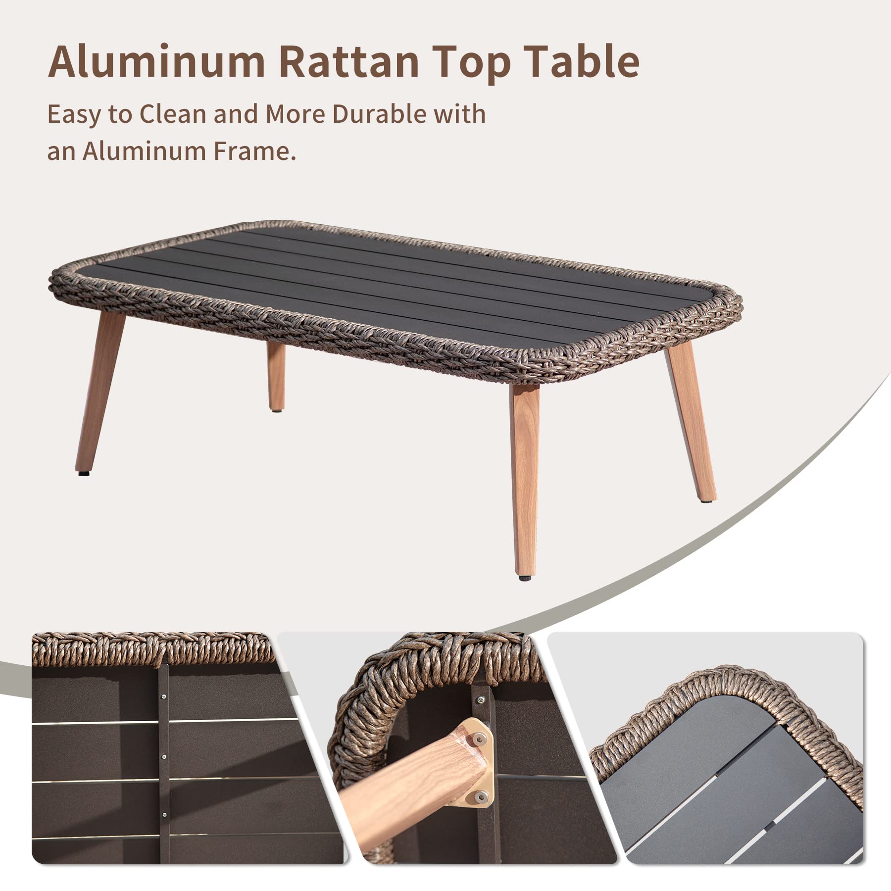 Patio Conversation Sets 4-Pieces, Handwoven Rattan Wicker Aluminum Frame Outdoor Patio Set, All-Weather Modern Rope Patio Loveseat with Coffee Table for Garden Balcony Deck Poolside Porch (Khaki)