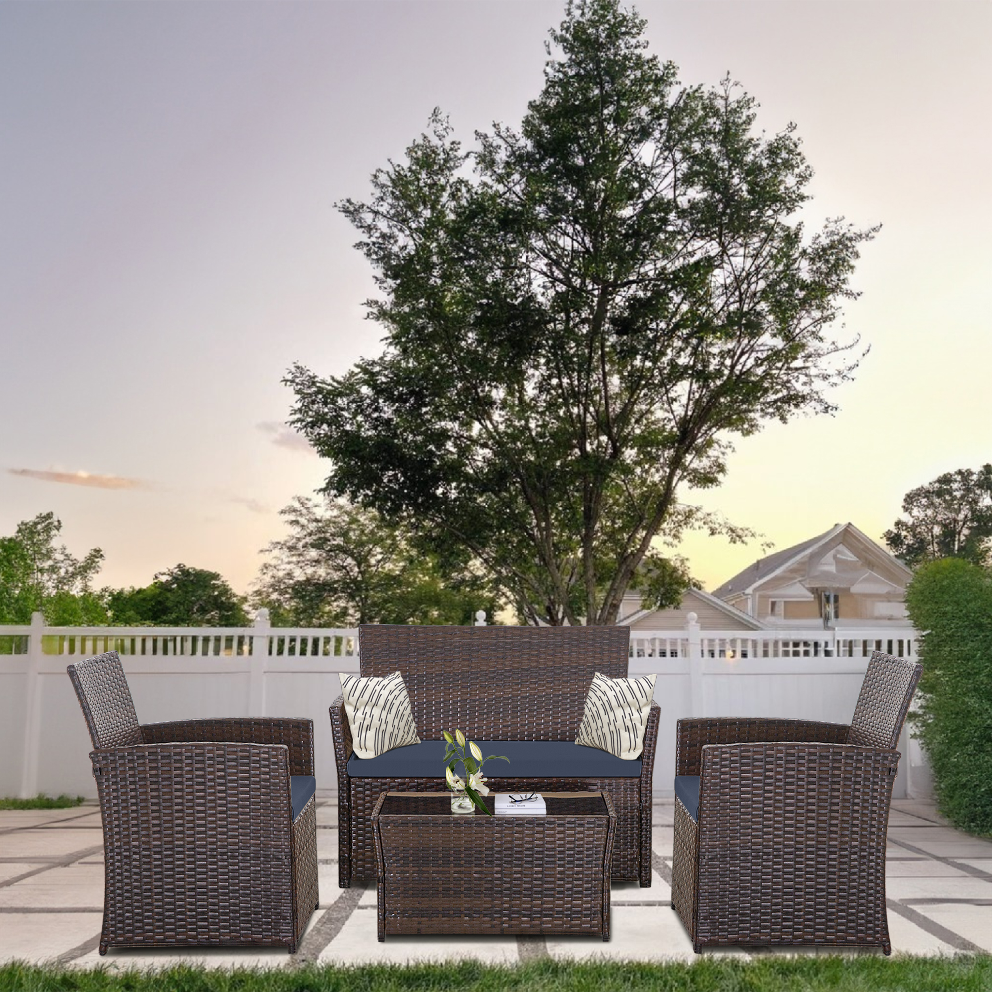 4-Piece PE Rattan Patio Furniture Set – Double Sofa, 2 Armchairs, Coffee Table with Cushions, Weather-Resistant Outdoor Conversation Set, Brown-Blue/Gray/Black-Gray/Black-Blue