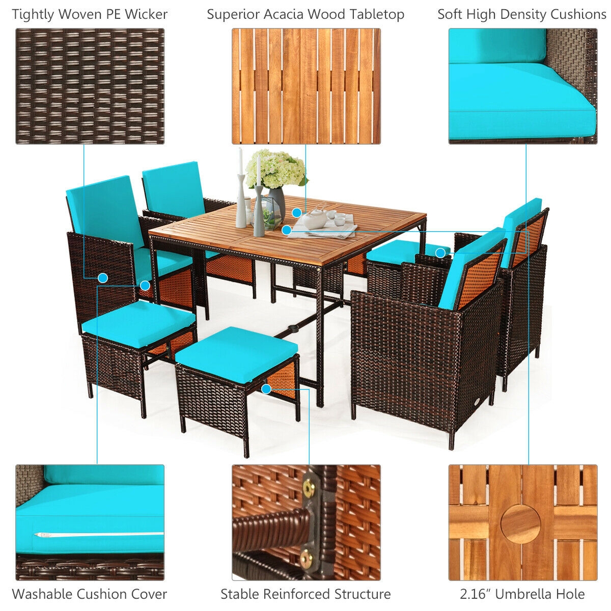 Mondawe 9PCS Patio Rattan Dining Cushioned Chairs Set-Turquoise-Mondawe