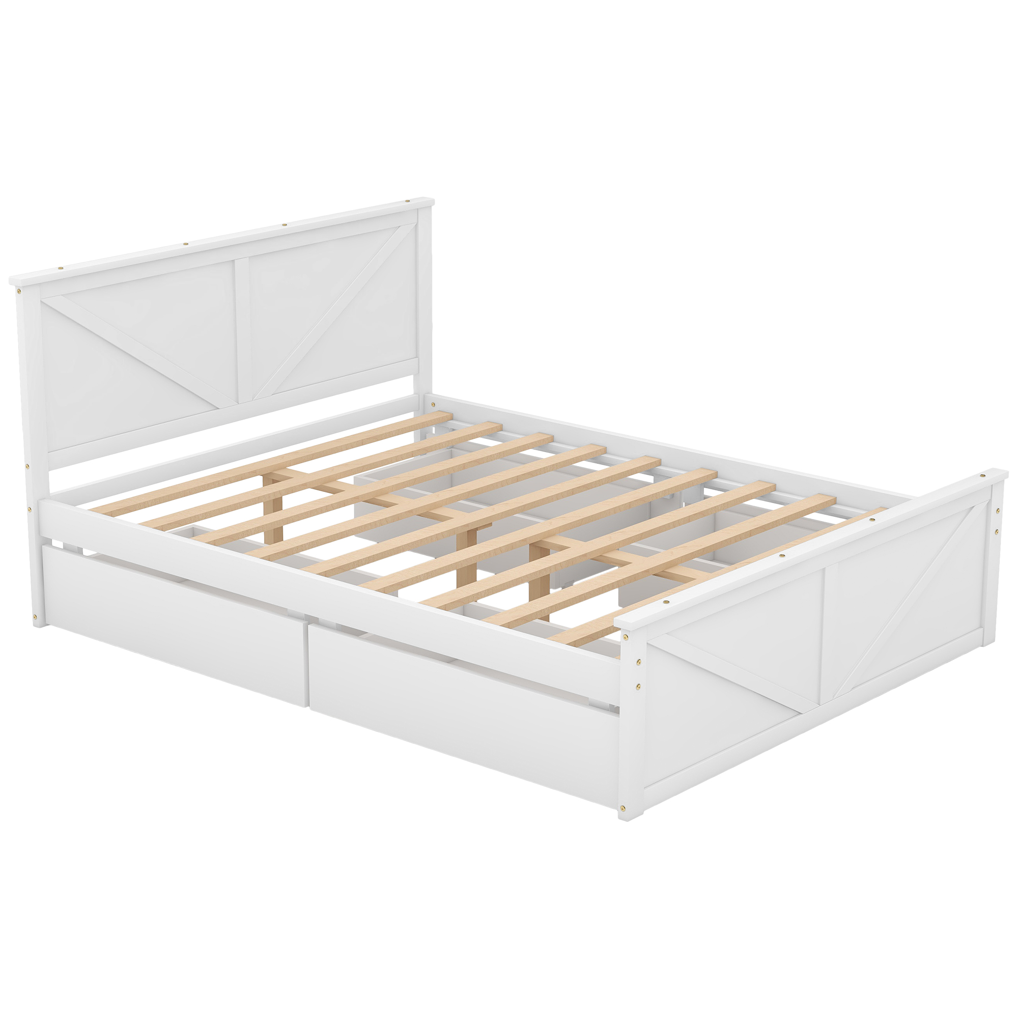 King/Queen Size Wooden Platform Bed with Four Storage Drawers and Support Legs, White/Gray