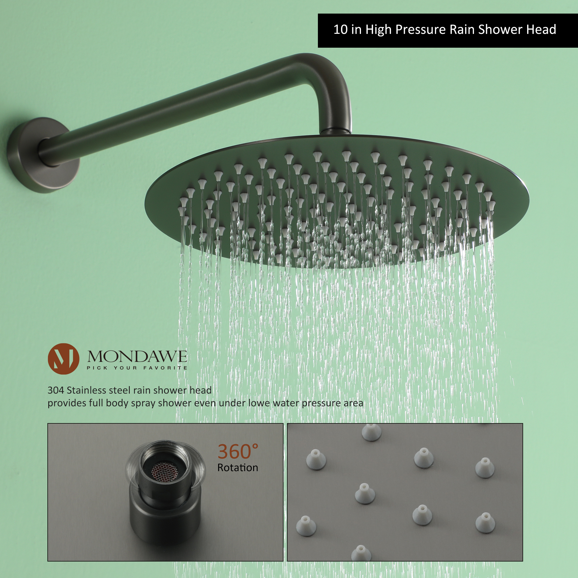 Mondawe Three function Pressure Balance Shower Set with 10 in Round Shower Head(5 color, Valve Included)-Mondawe