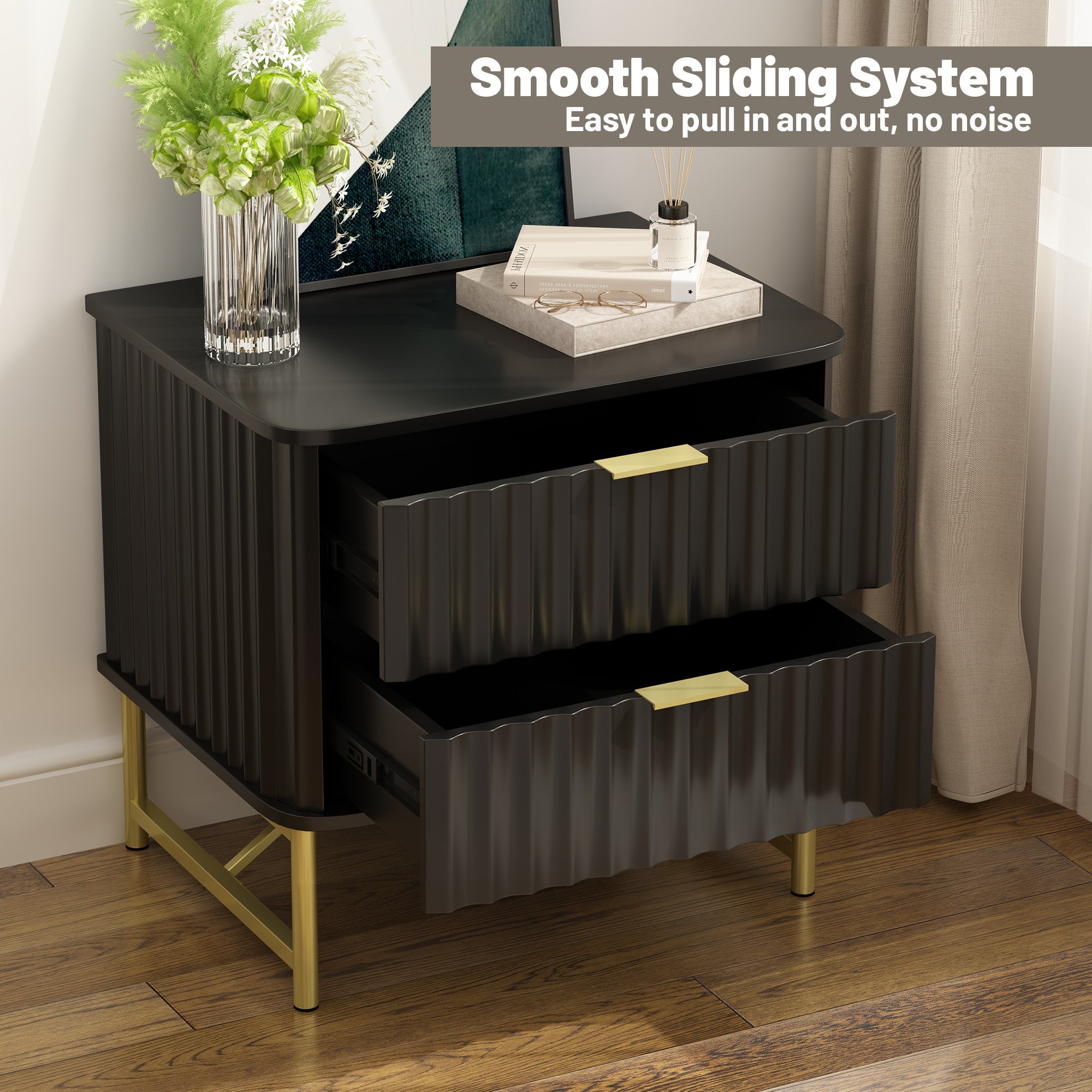 19 Inch Nightstand，Modern End Table with 2 Drawers，2 Tier Side Table with Gold Legs for Bedroom, Living Room, Black