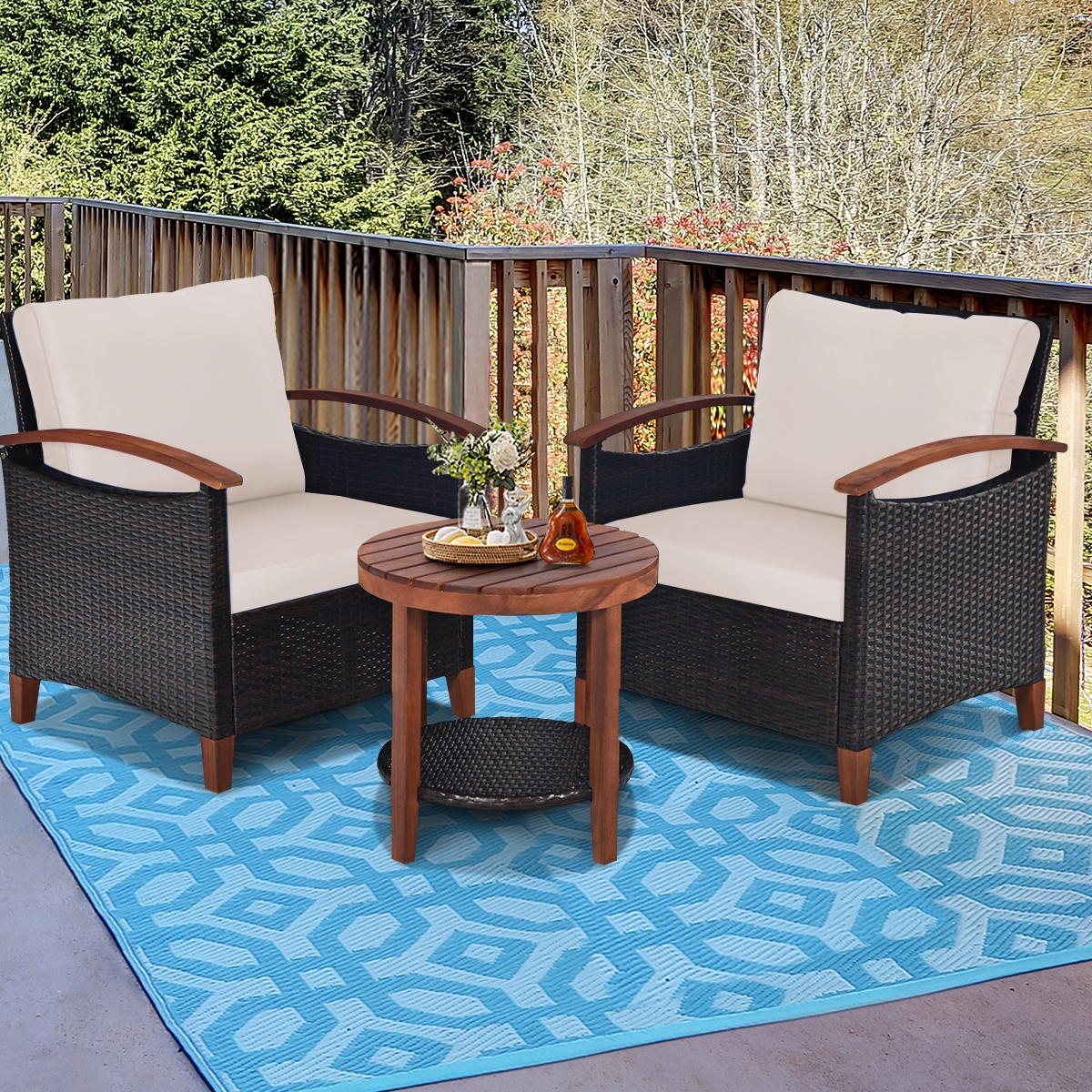 Mondawe 3 Pcs Solid Wood Frame Patio Rattan Furniture Set-Beige-Mondawe