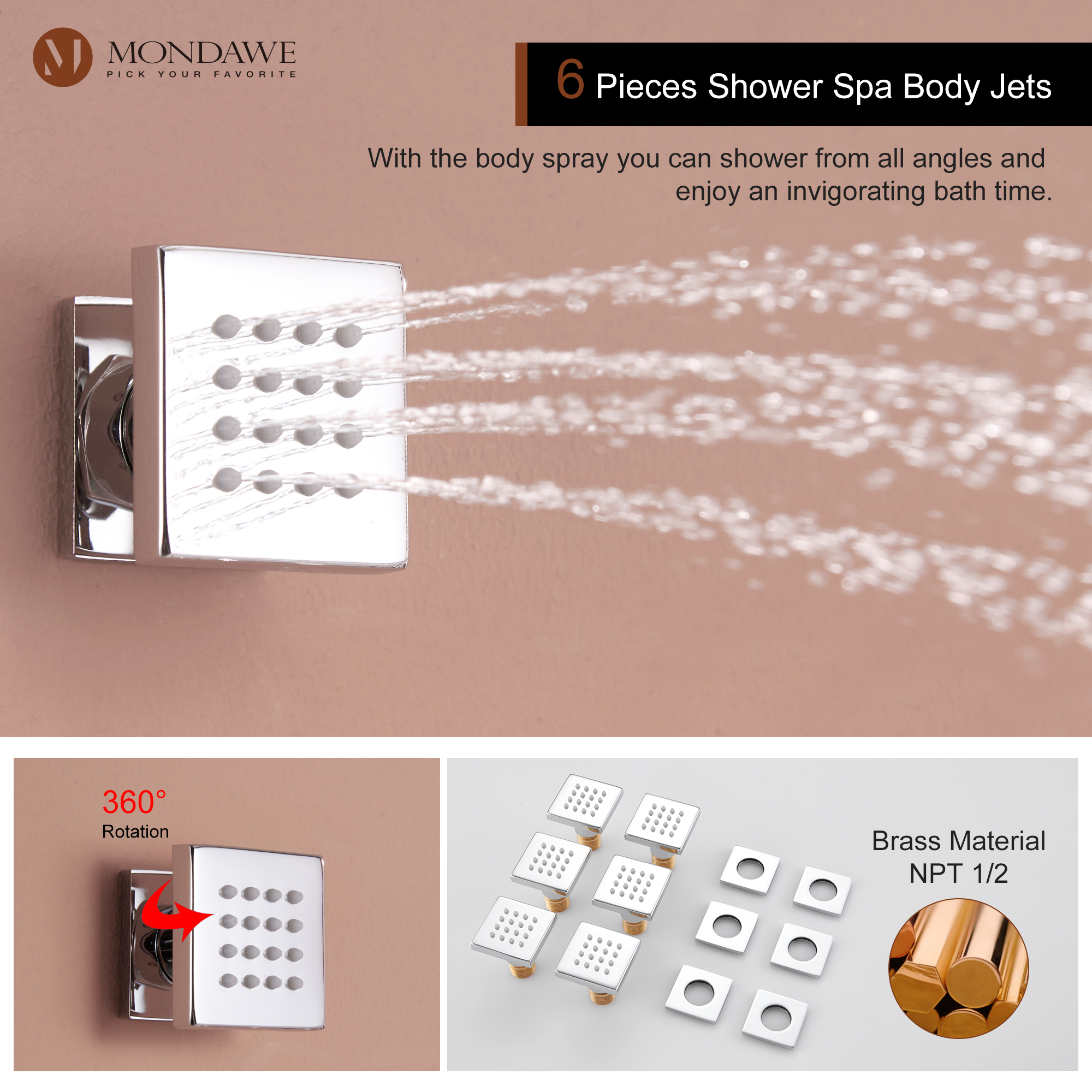 Mondawe Ceiling Mount Thermostatic Rainfall Shower System Set with Hand Held Shower Head and 6 Body Jets-Mondawe