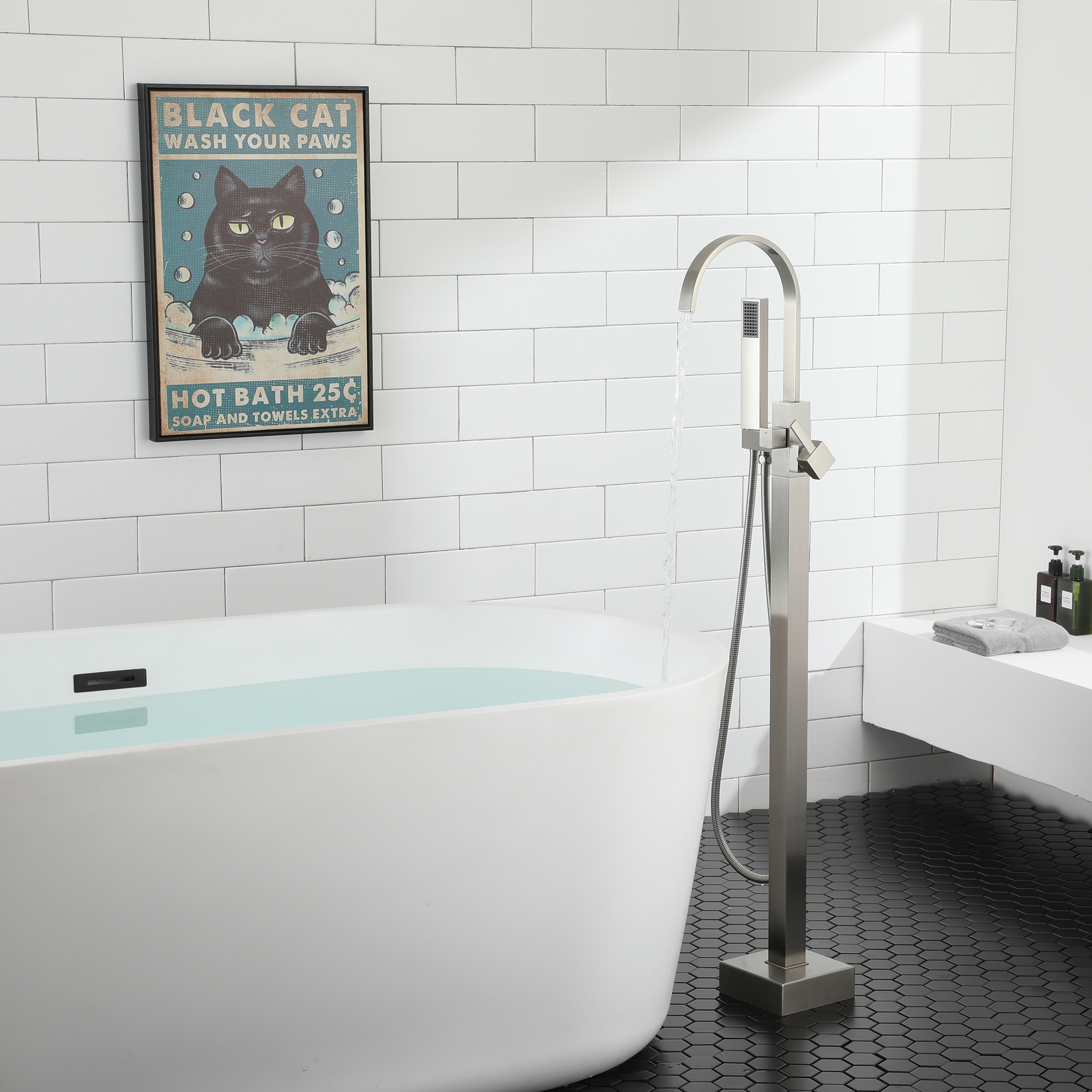 Single-Handle Floor-Mounted Bathtub Faucet High Flow Bathroom Tub Filler with Hand Shower, Brushed Nickel