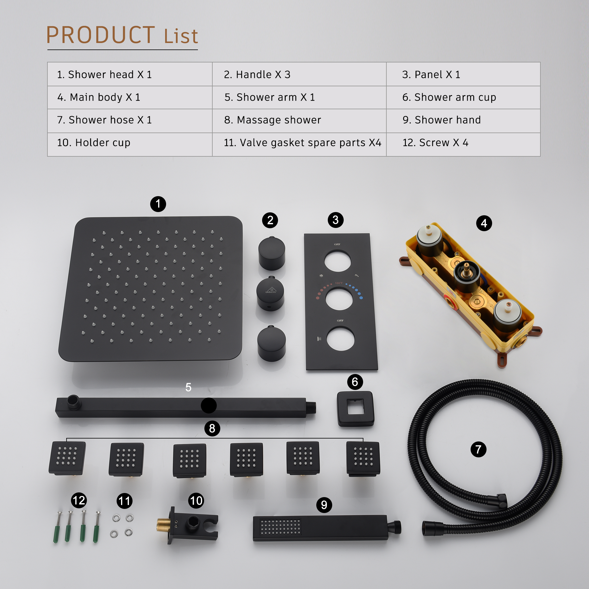 12" Thermostatic Complete Shower System with Rough-in Valve & 6 Body Jets Brushed Gold/Chrome/Matte Black
