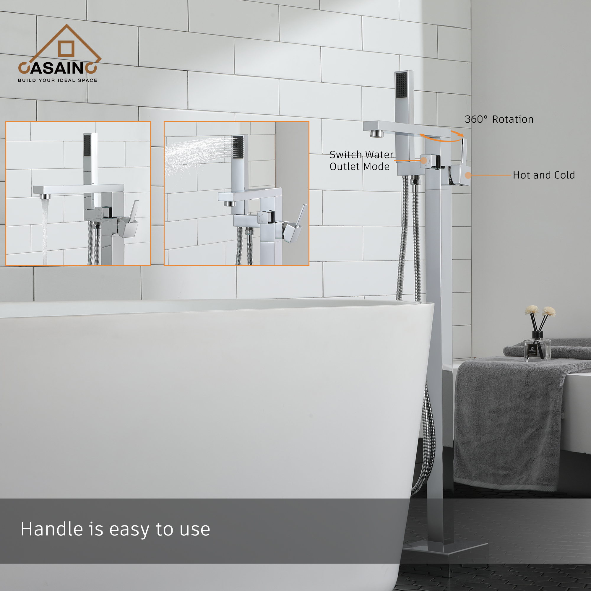 Bathroom Tub Filler with Vertical Spout and Rectangular Hand Shower