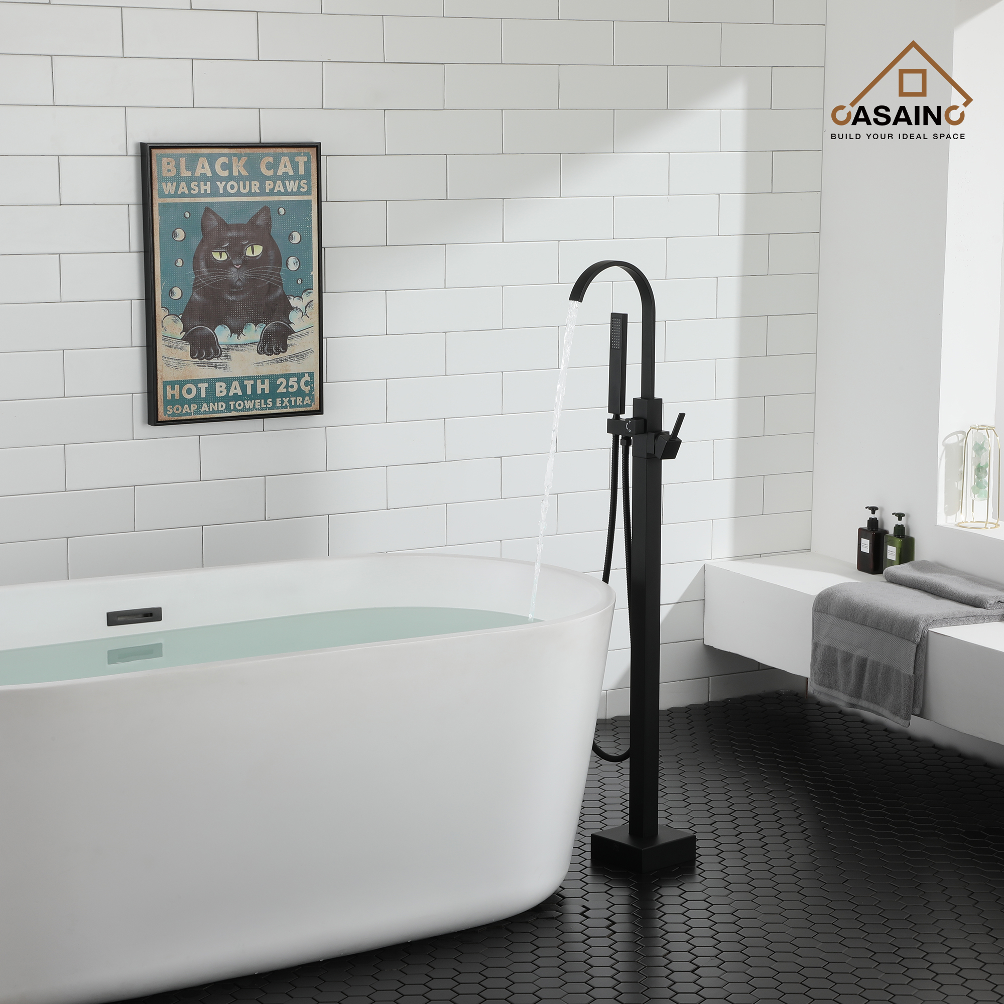 Single-Handle Floor-Mounted Bathtub Faucet High Flow Bathroom Tub Filler with Hand Shower, Brushed Nickel/Matte Black/Chrome