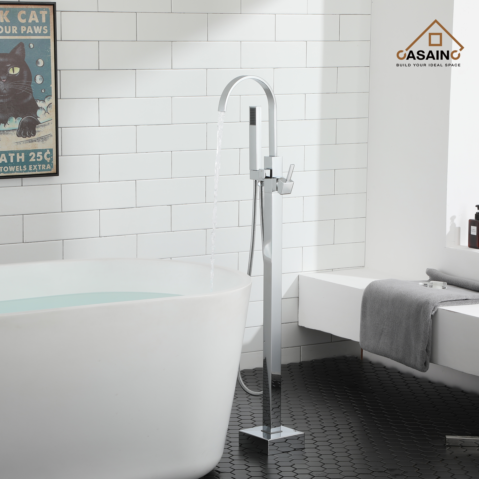 Single-Handle Floor-Mounted Bathtub Faucet High Flow Bathroom Tub Filler with Hand Shower, Brushed Nickel/Matte Black/Chrome