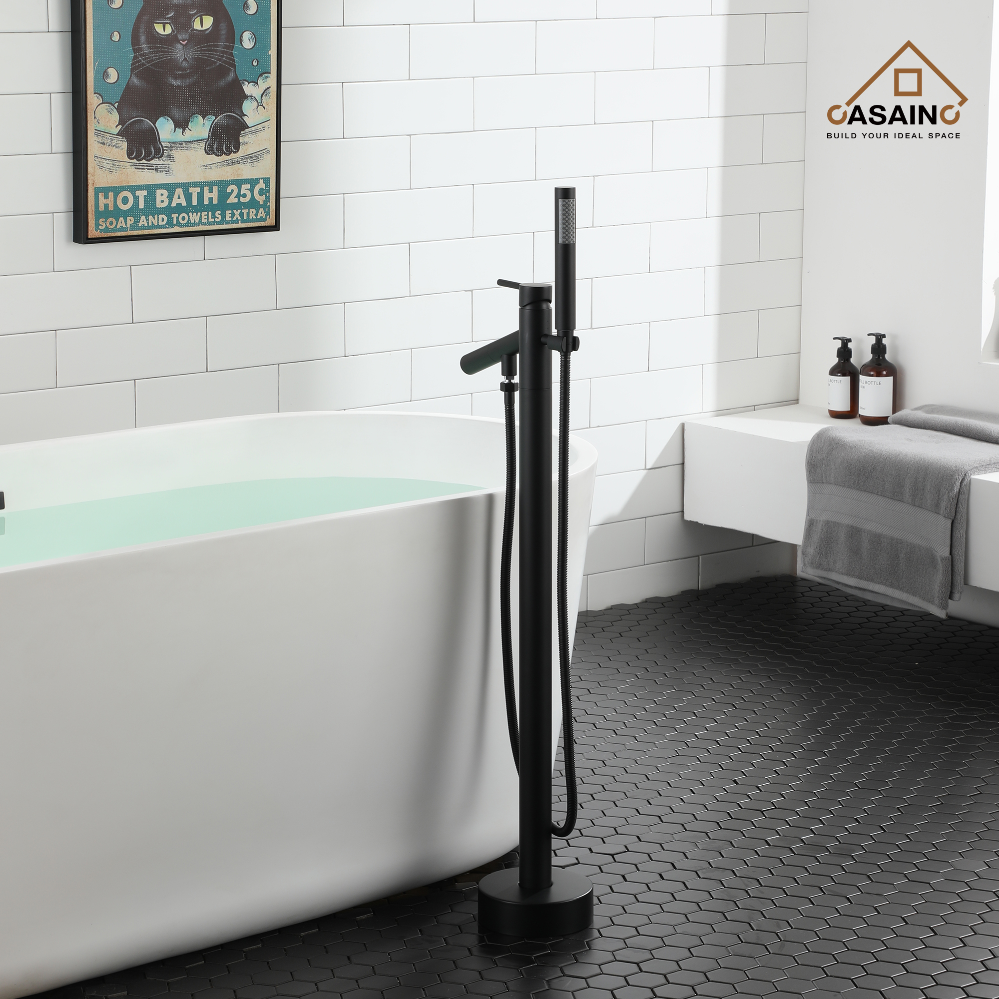 Single-Handle Floor Mount Freestanding Tub Faucet with Hand Shower in. Brushed Nickel/Matte Black/Chrome