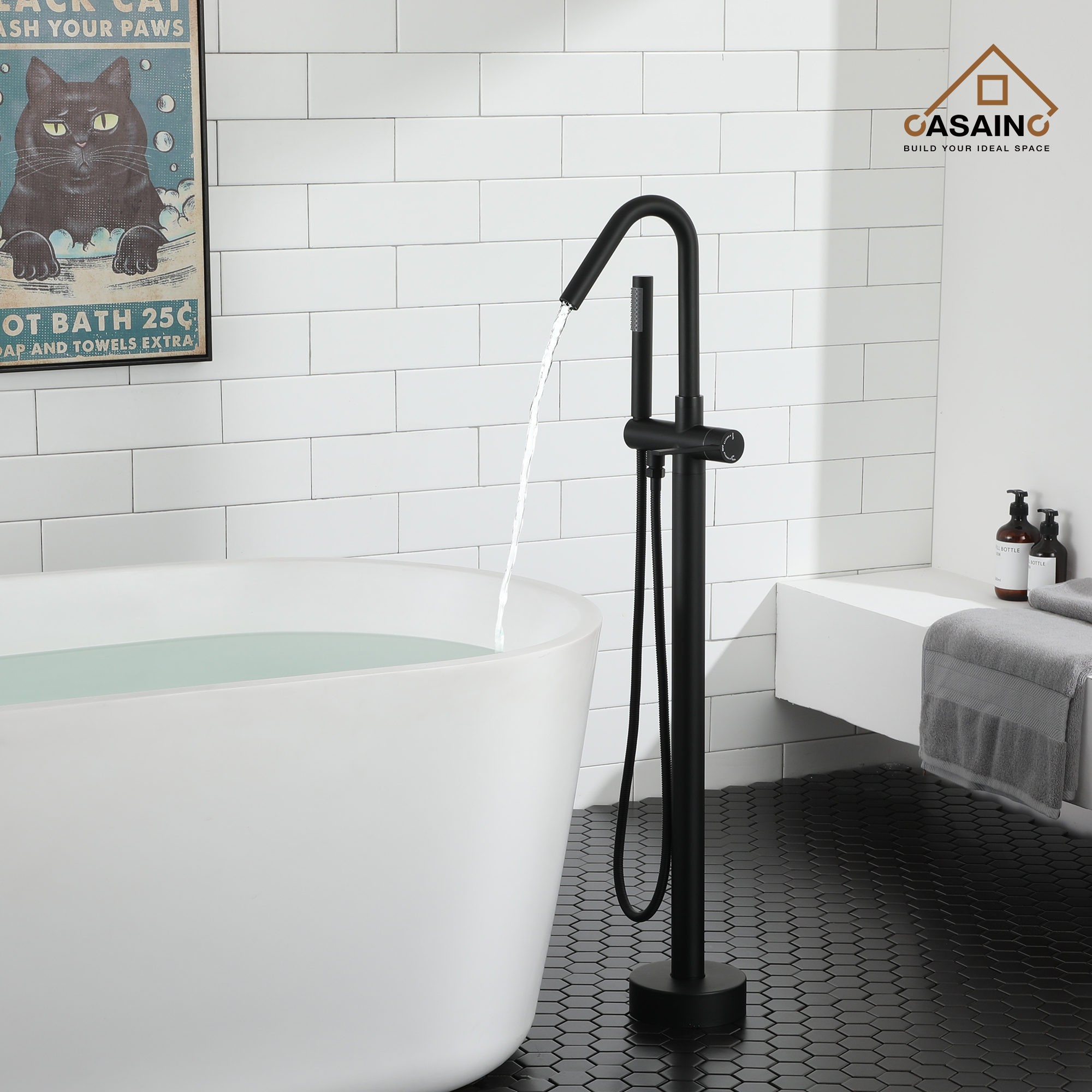 Freestanding Bathtub Faucet with Hand Shower, 360-Degree Swivel Spout, 2.5 GPM High Flow Rate Brushed Brass