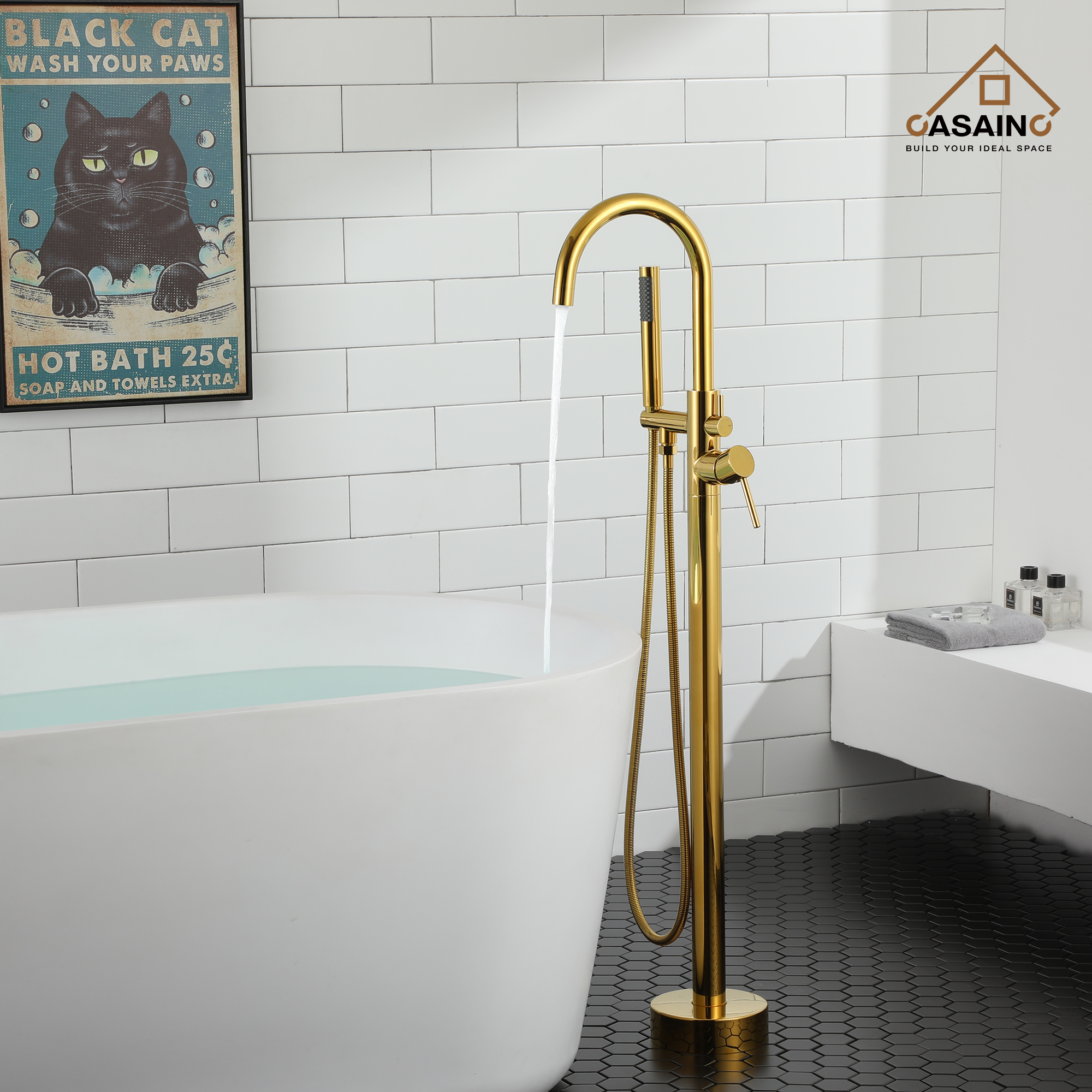 Single-Handle Floor Mounted Claw Foot Freestanding Tub Faucet in Titanium Gold