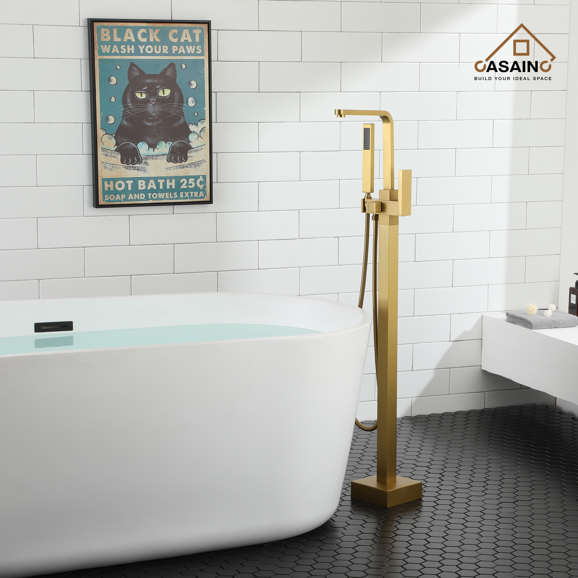 Single-Handle Free-Standing Tub Faucet with Rectangle Hand Shower in Brushed Brass/Brushed Nickel/Oil Rubbed Bronze/Matte Black