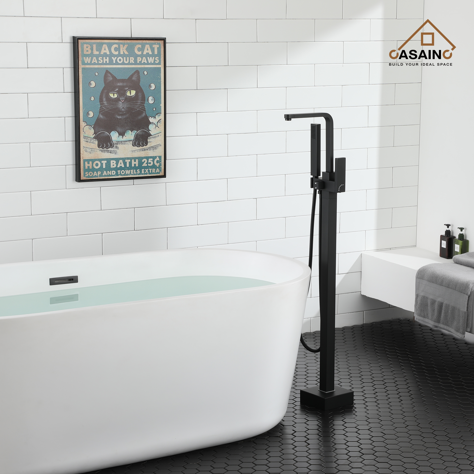 Single-Handle Free-Standing Tub Faucet with Rectangle Hand Shower in Brushed Brass/Brushed Nickel/Oil Rubbed Bronze/Matte Black