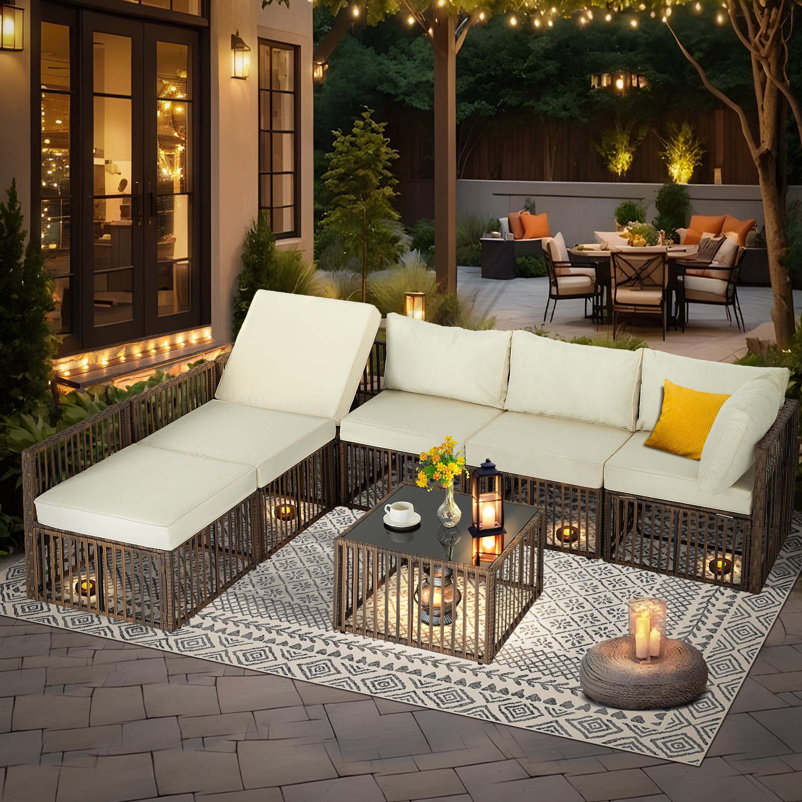 7-Piece Outdoor Patio Furniture Set – PE Rattan Sectional Sofa with Cushions & Coffee Table, All-Weather Wicker, Removable Covers，Gray/Blue/Brown