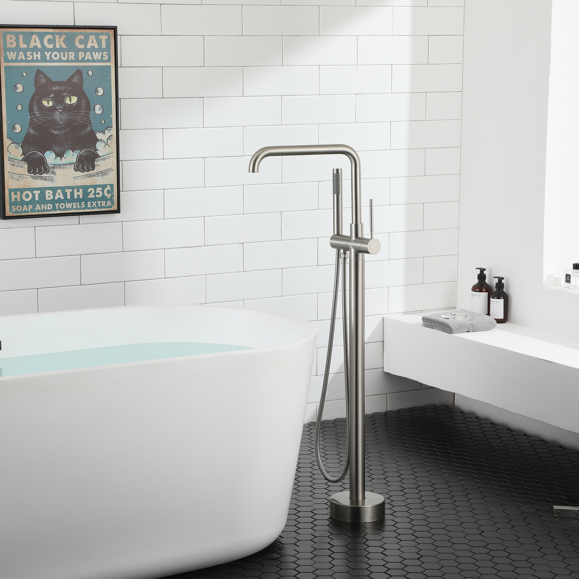 Single-Handle Freestanding Floor Mount Roman Tub Faucet Bathtub Filler with Hand Shower in Matte Black