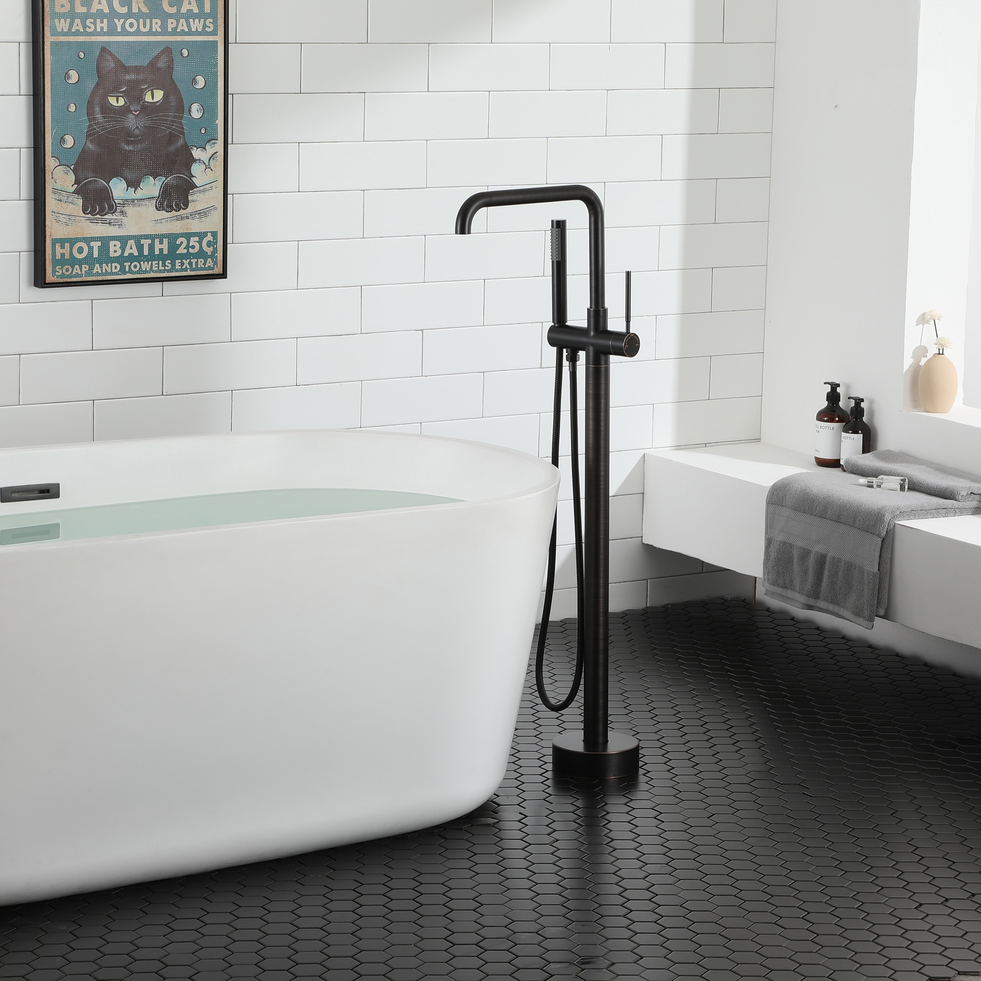 Waterfall Freestanding Bathtub Faucet with Hand Shower and Swivel Spout