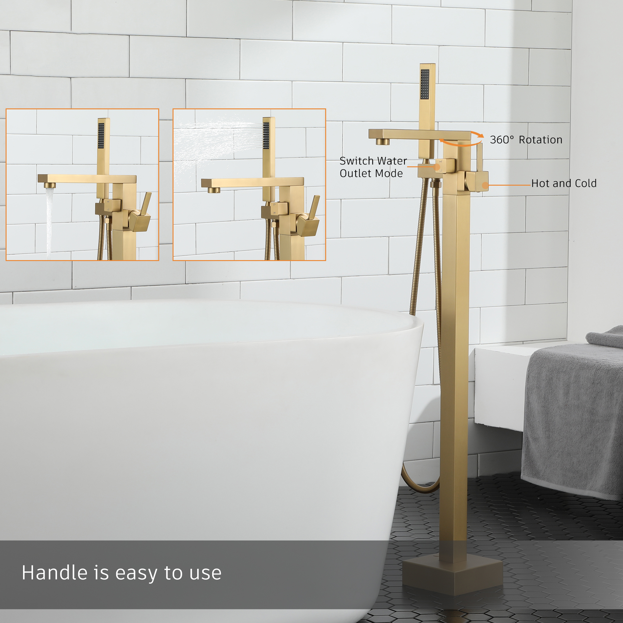 Brushed Brass Single-Handle Floor-Mounted Bathtub Faucet High Flow Bathroom Tub Filler with Hand Shower