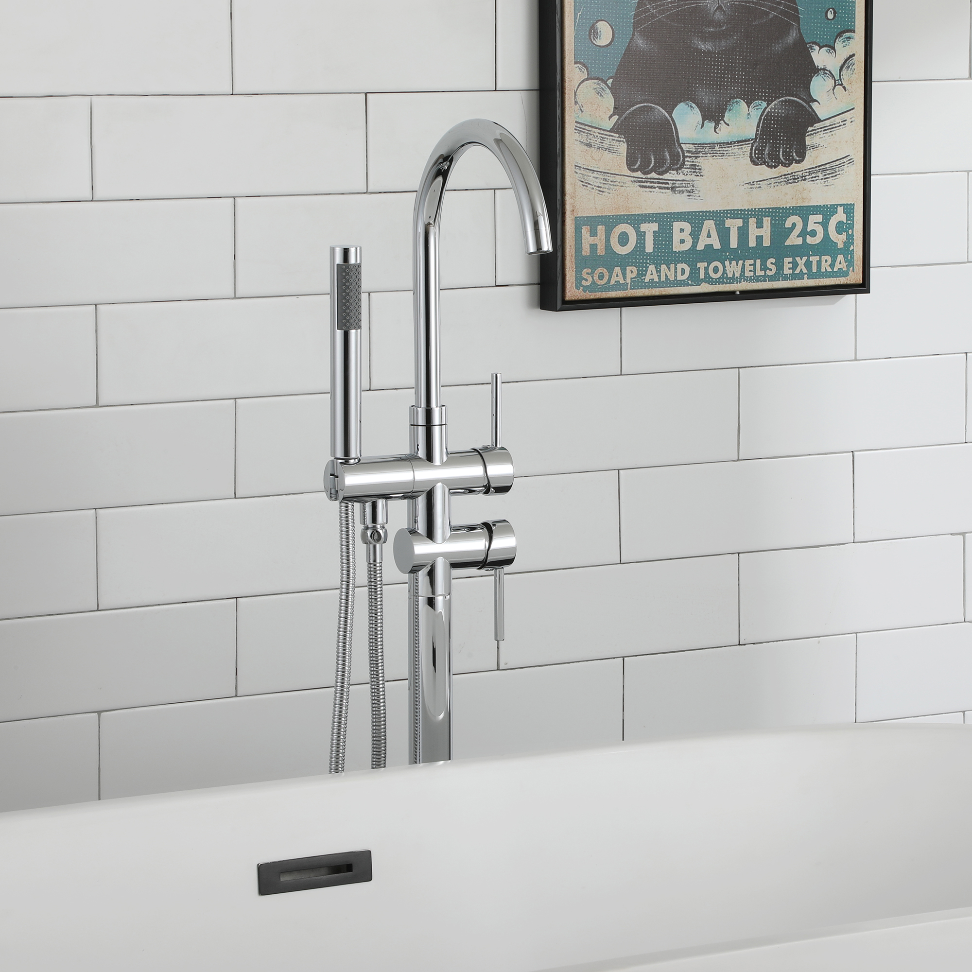 2-Handle Residentail Freestanding Bathtub Faucet with Hand Shower in Chrome