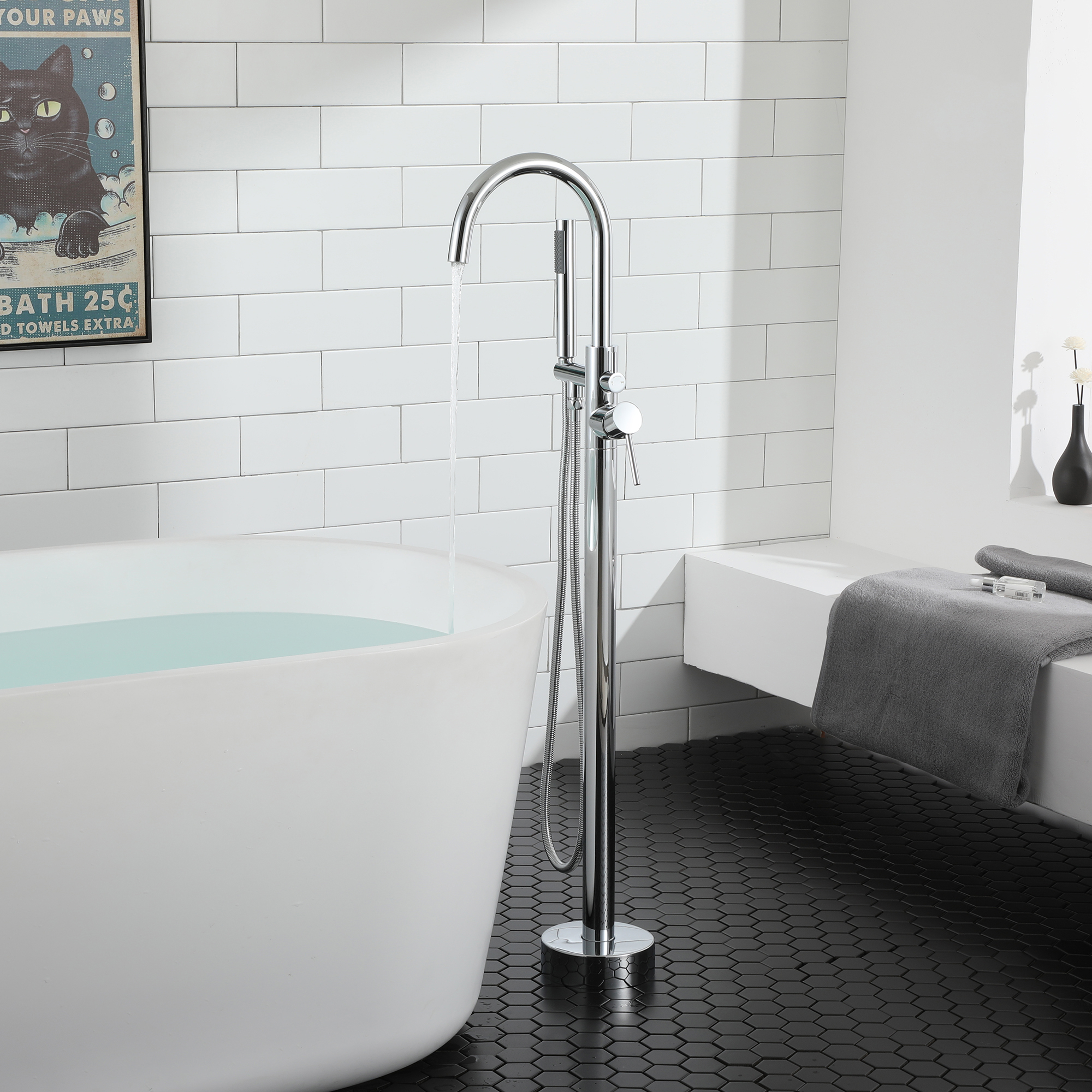 Modern Sleek Floor Mount 2-Handle Freestanding Tub Faucet with Hand Shower and Water Supply Hoses in. Chrome