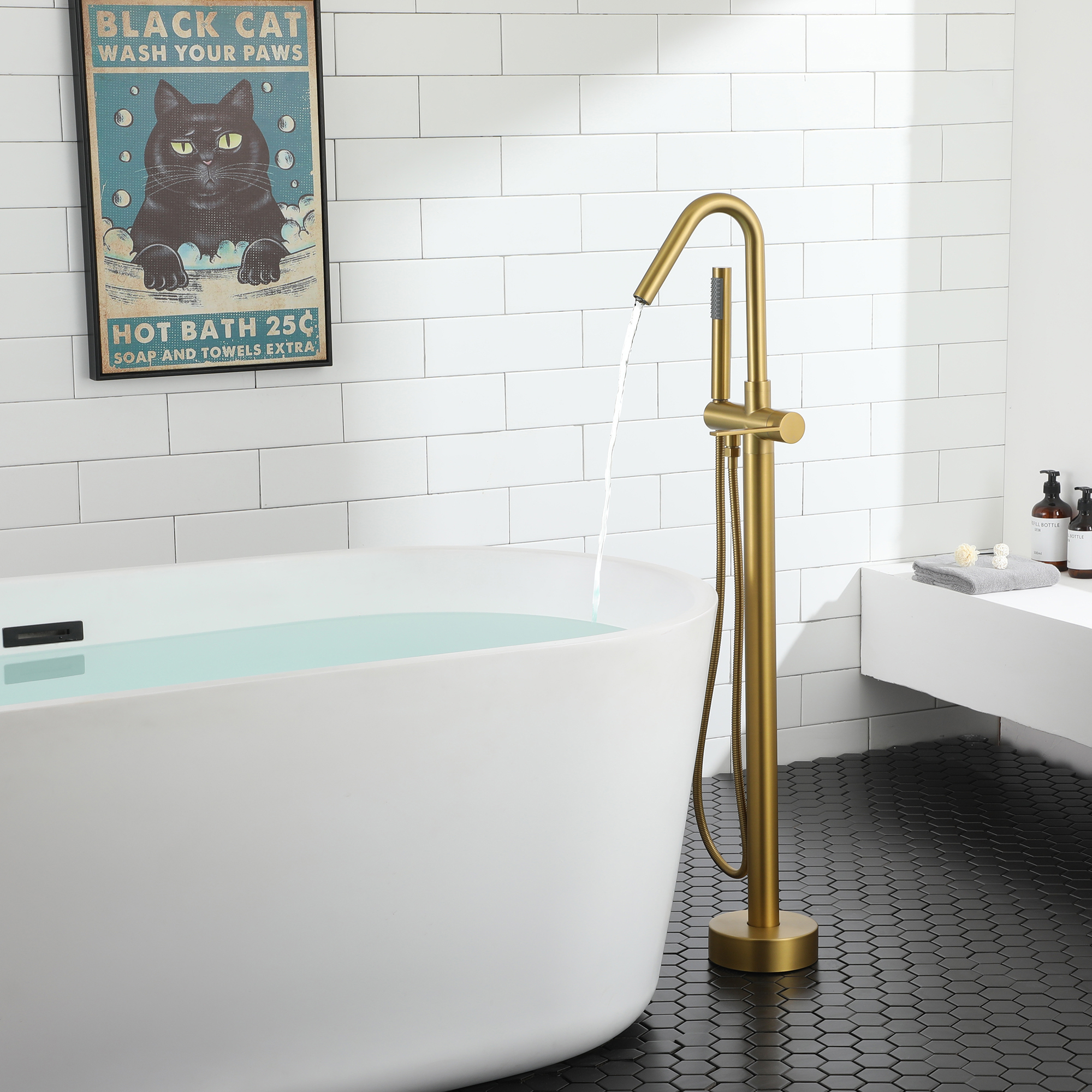 Freestanding Bathtub Faucet with Hand Shower, 360-Degree Swivel Spout, 2.7 GPM High Flow Rate Brushed Brass