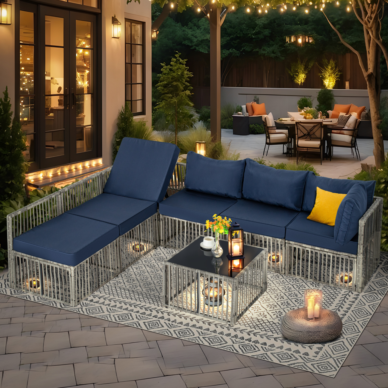 7-Piece Outdoor Patio Furniture Set – PE Rattan Sectional Sofa with Cushions & Coffee Table, All-Weather Wicker, Removable Covers，Gray/Blue/Brown