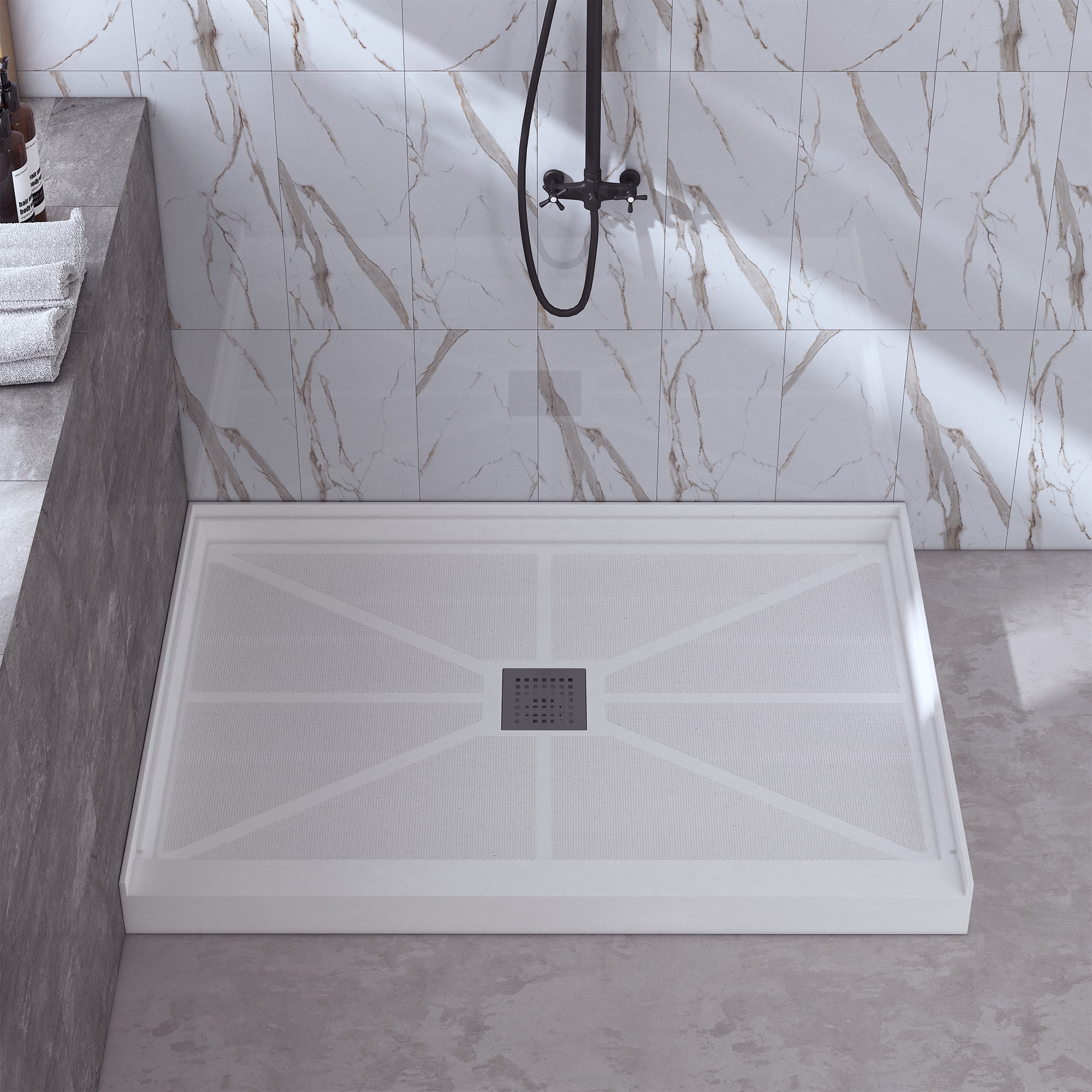 Rectangle Solid Surface White Shower Pan Base with Center Drain