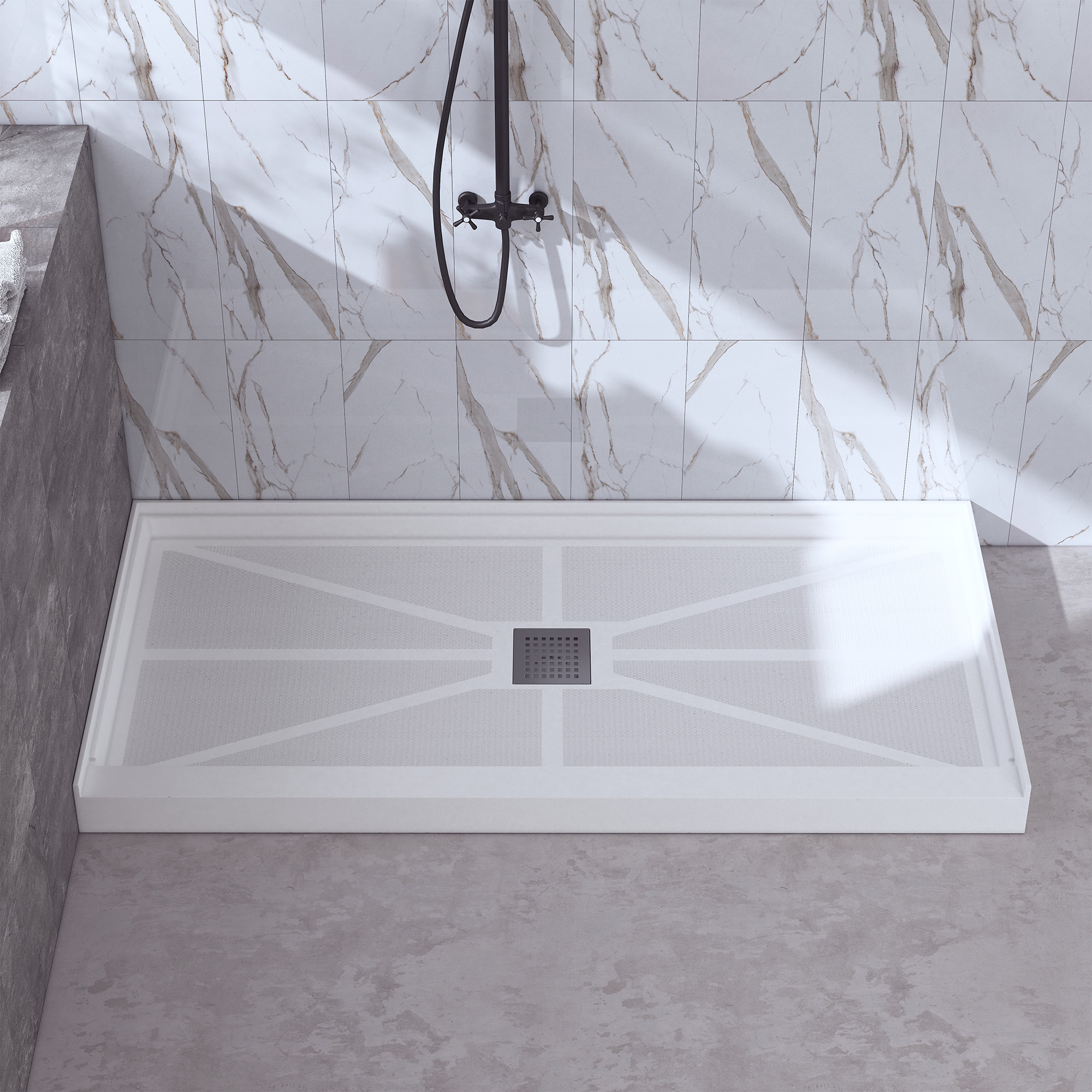 Rectangle Solid Surface White Shower Pan Base with Center Drain