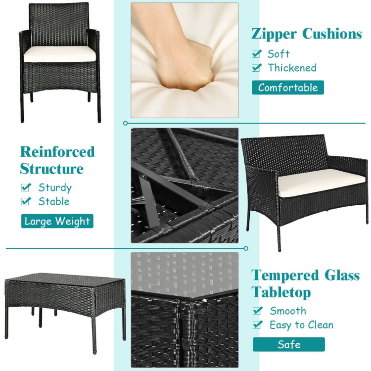 Mondawe 4 Pcs Patio Rattan Cushioned Sofa Furniture Set with Tempered Glass Coffee Table-White/Red/Turquoise-Mondawe