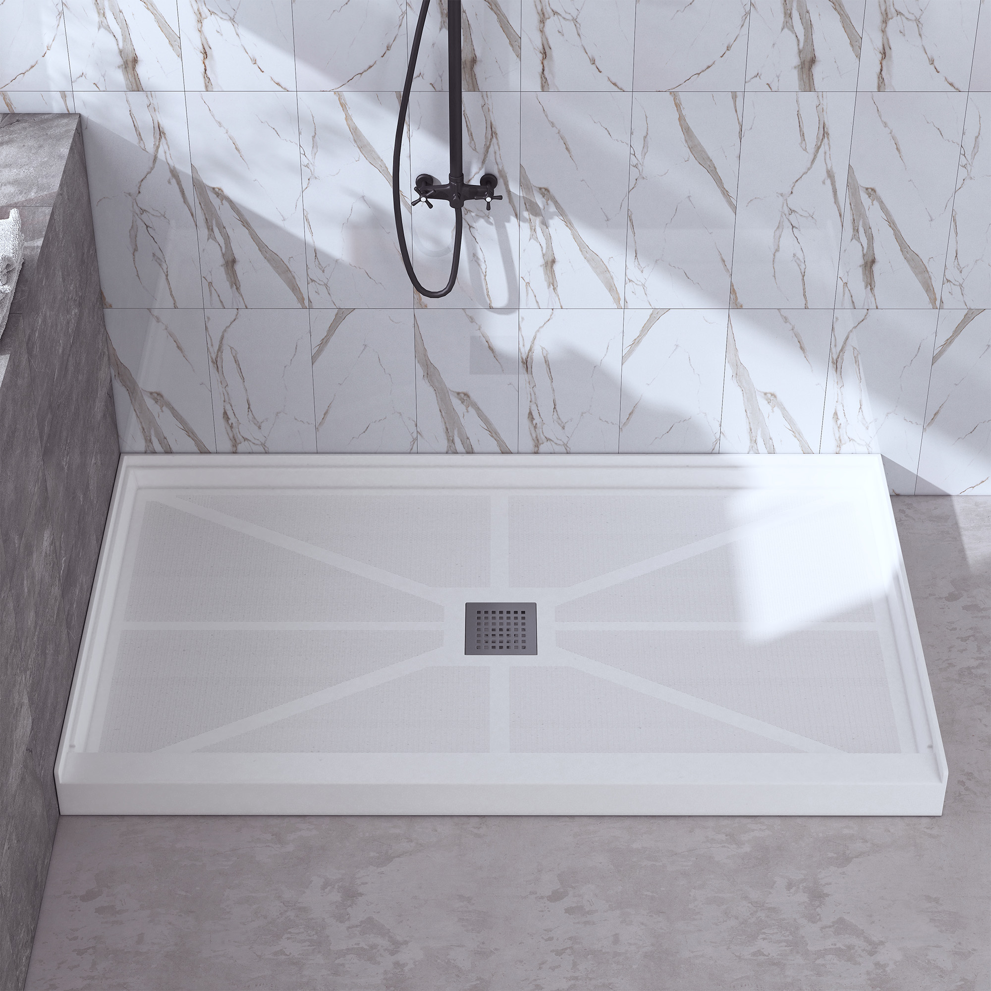 Rectangle Solid Surface White Shower Pan Base with Center Drain