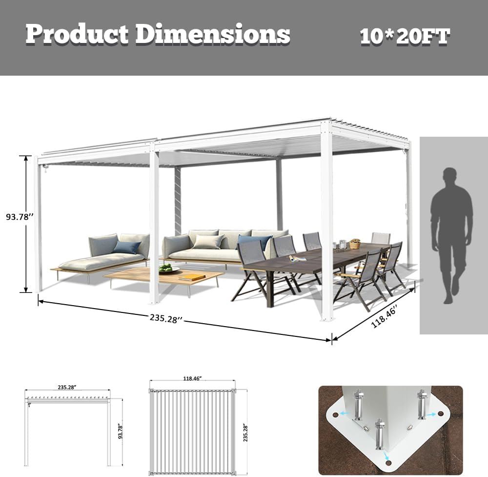 Louvered Pergola 10X20FT, Wood Grain Aluminum Pergola with Adjustable Roof, Wood Looking Aluminum Frame, Efficient Drainage System, Outdoor Pergola for Patio, Deck, Garden
