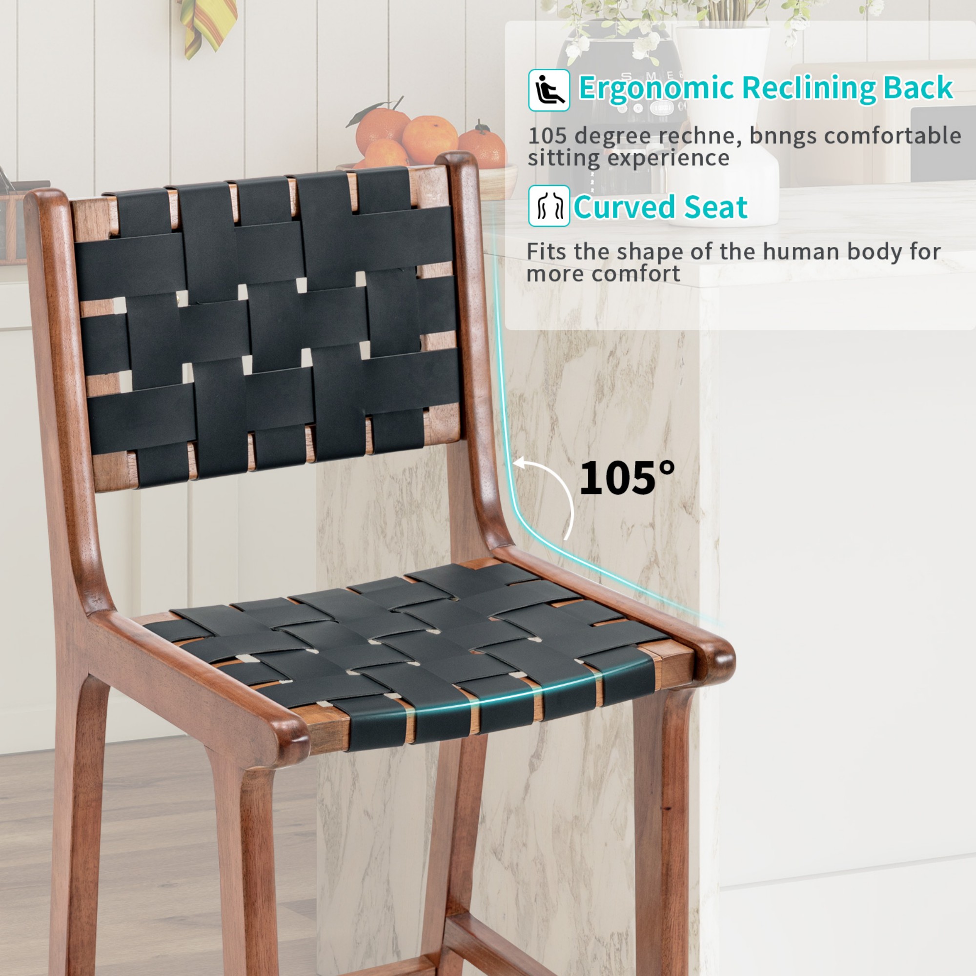 Woven Leather Bar Stool, Counter Height Bar Stools - Black