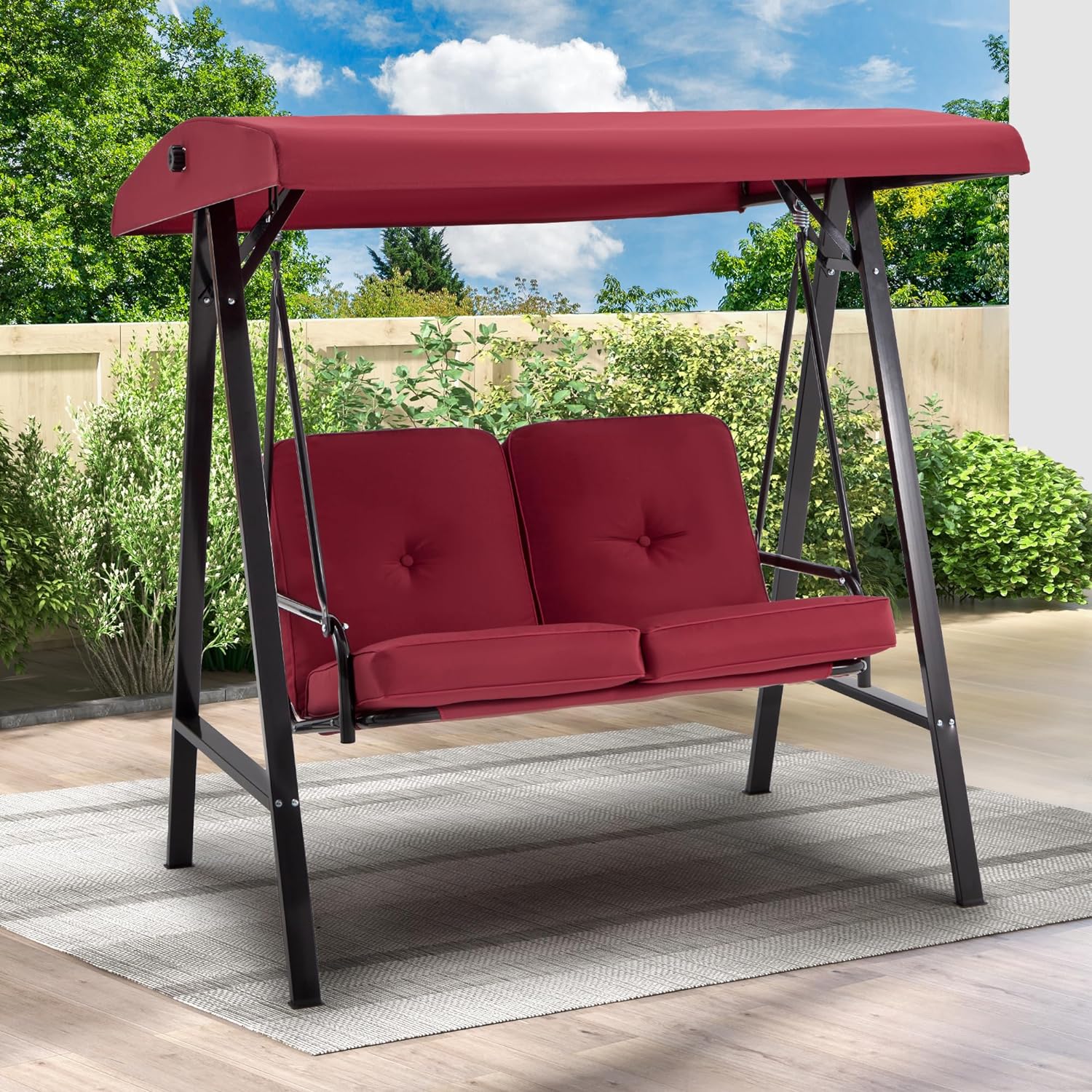2-Person Metal Patio Swing with Canopy and Cushions in Brown/Black/Red